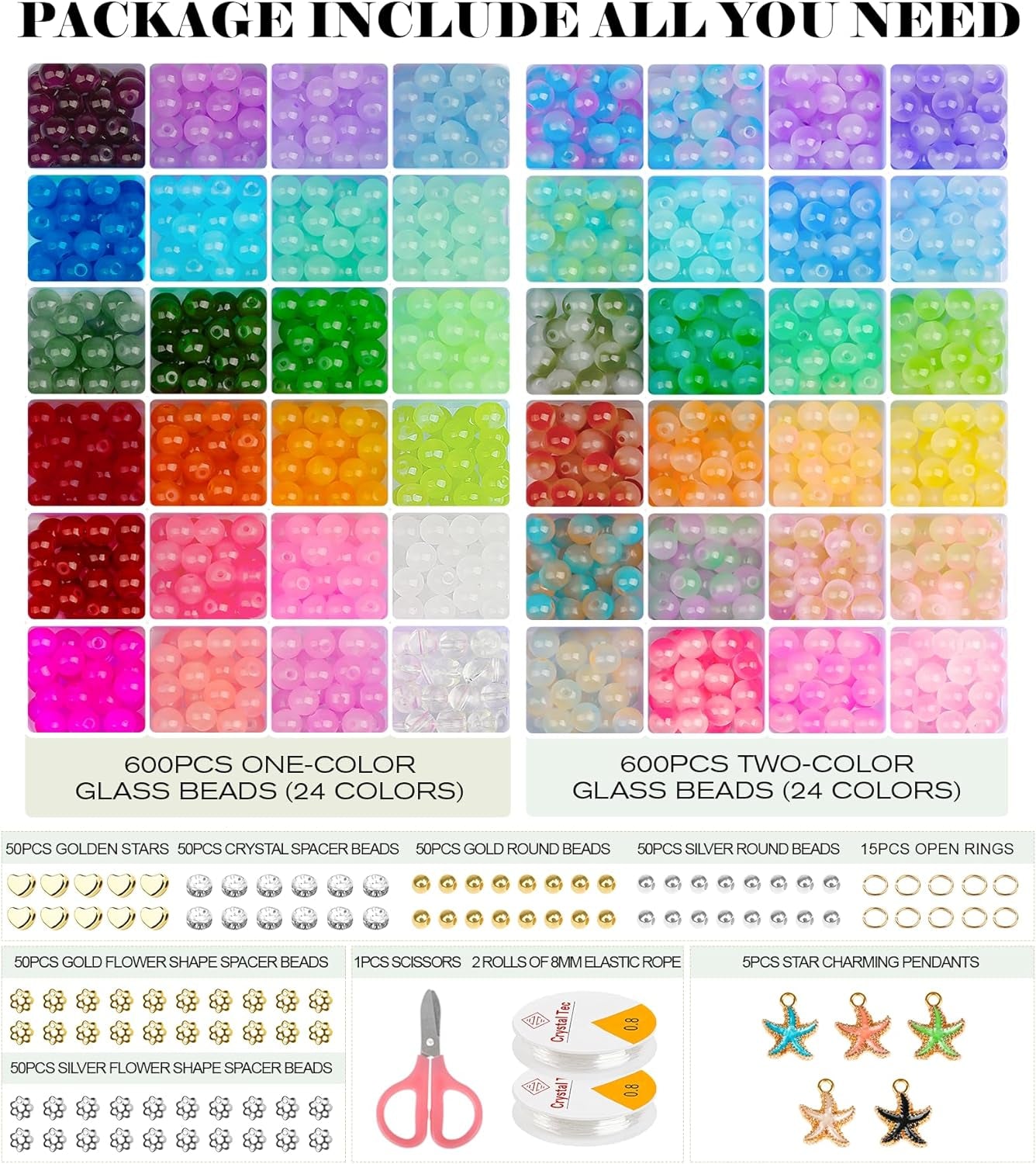 Glass Beads for Jewelry Making, 1520PCS 48 Colors 8Mm Crystal Beads Bracelets Making Kit with Star Pendants for Bracelet Necklace DIY Crafts Making