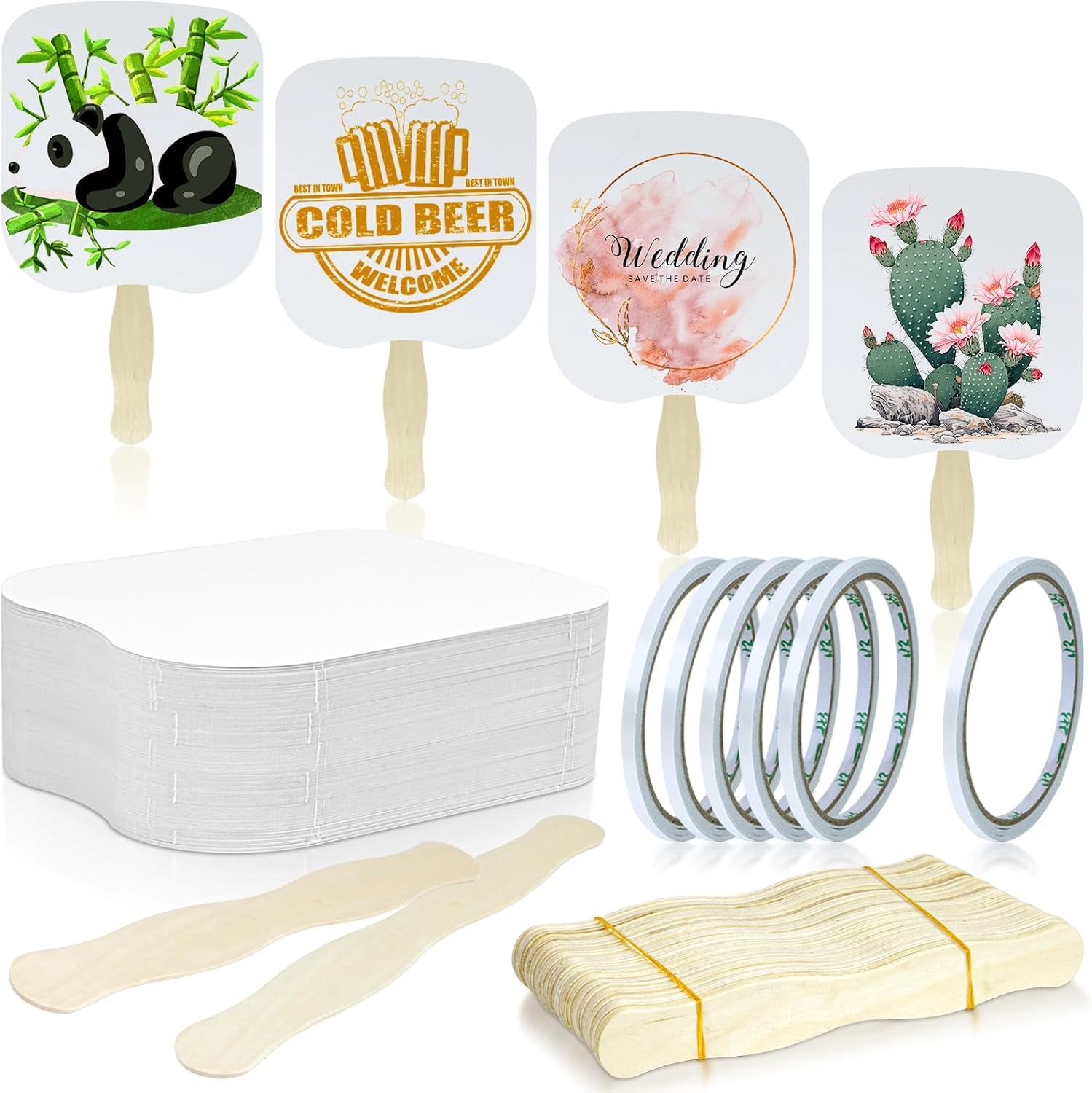 30 Pieces Church Fans Handheld Set, Including Fan Handle Craft Sticks Wavy Wooden Sticks, Blank White Cardstock, Double Sided Tape Church Fans for DIY Crafting Painting
