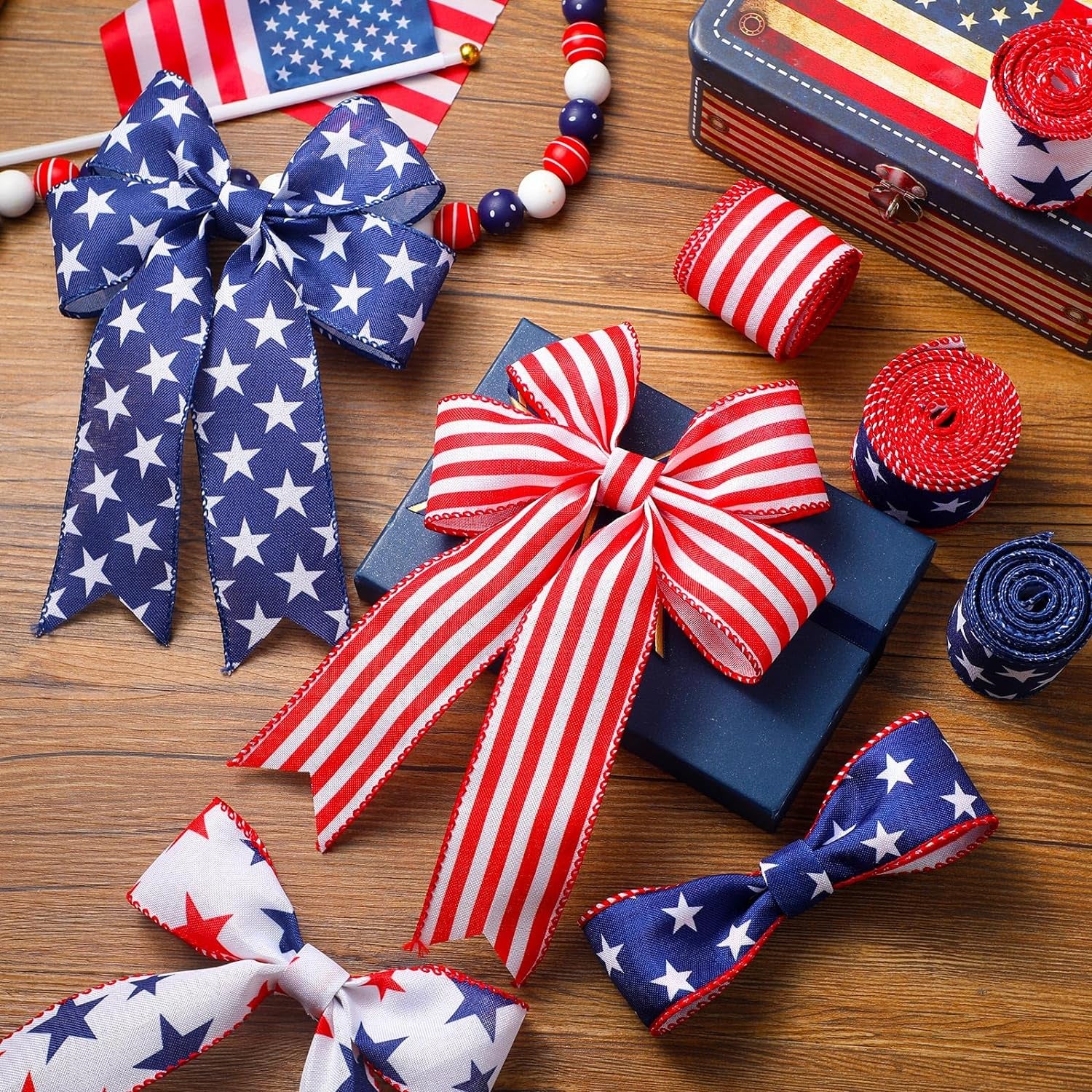 4 Rolls Patriotic Day Wired Ribbon 20 Yard 4Th of July Red White Blue Decorative Ribbon American Patriotic Day Edge Ribbons for Independence Day Bows DIY Wreath Making Crafts Memorial Day