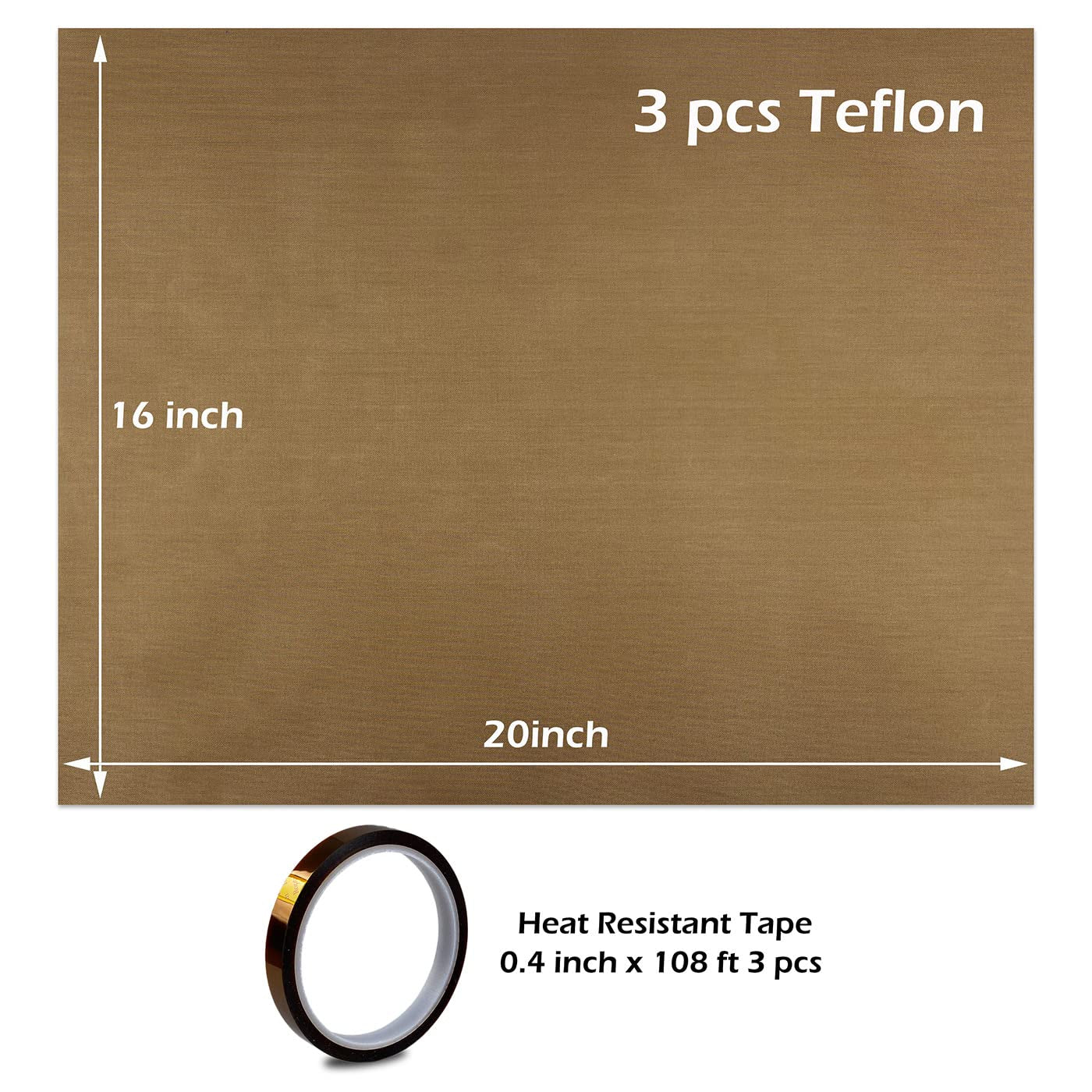 PTFE Teflon Sheet 16 X 20 Heat Tape Heat Resistant Tape, Heat Press Transfer Sheet 3 Pack Non Stick &amp; Heat Tape Heat Transfer Tape 3 Pack 10Mm X 33M 108Ft