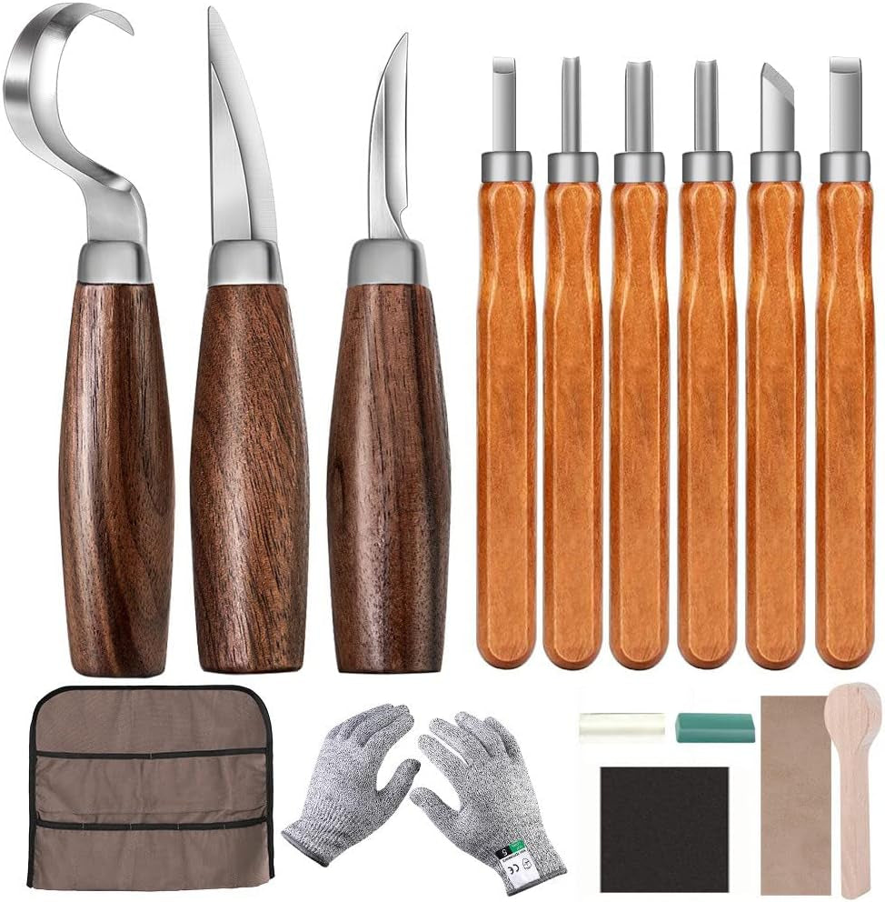 Wood Carving Tools Set, Wood Carving Hand Tools Kit with Hook Carving Knife Whittling Knife Detail Wood Carving Knife and 6Pcs SK2 Carbon Steel Wood Carving Knives for Woodwork