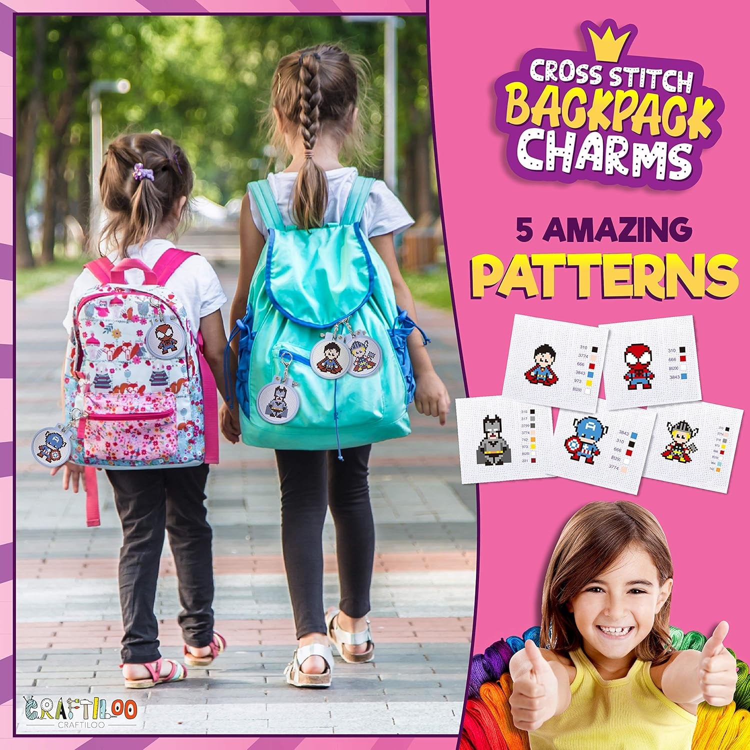 5 Stamped Superhero Cross Stitch Beginner Projects for Kids Needlepoint Starter Kit Sewing Set for Backpack Charms…