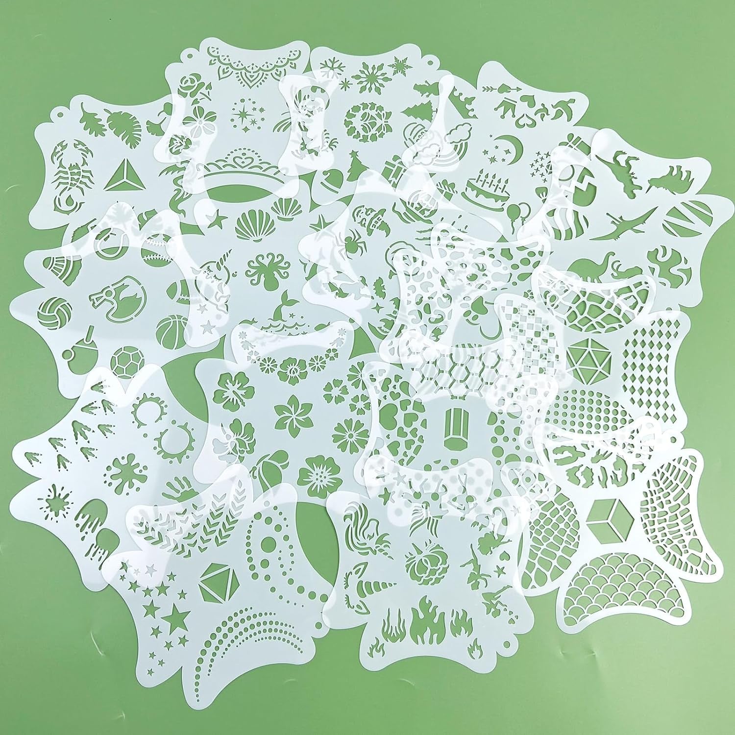 16 Pcs Face Paint Stencils, 121 Patterns Body Facial Painting Stencils, Reusable Mermaid Scale Flowers Face Tattoo Stencils Makeup Kit Face Tracing Stencils for Christmas Holiday Halloween Party