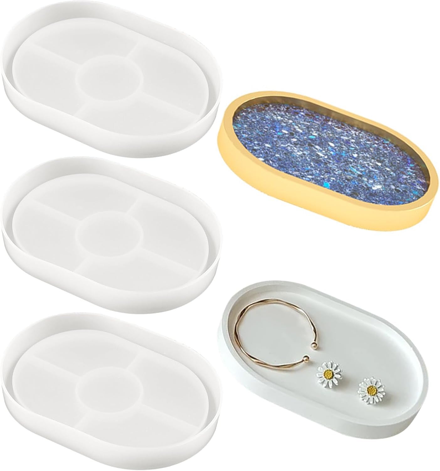 3 Pack Oval Coaster Mold Silicone Epoxy Resin Tray Mold Large DIY Casting Craft Decorating for Craft Jewelry Storage Home Decoration (Transparent White)