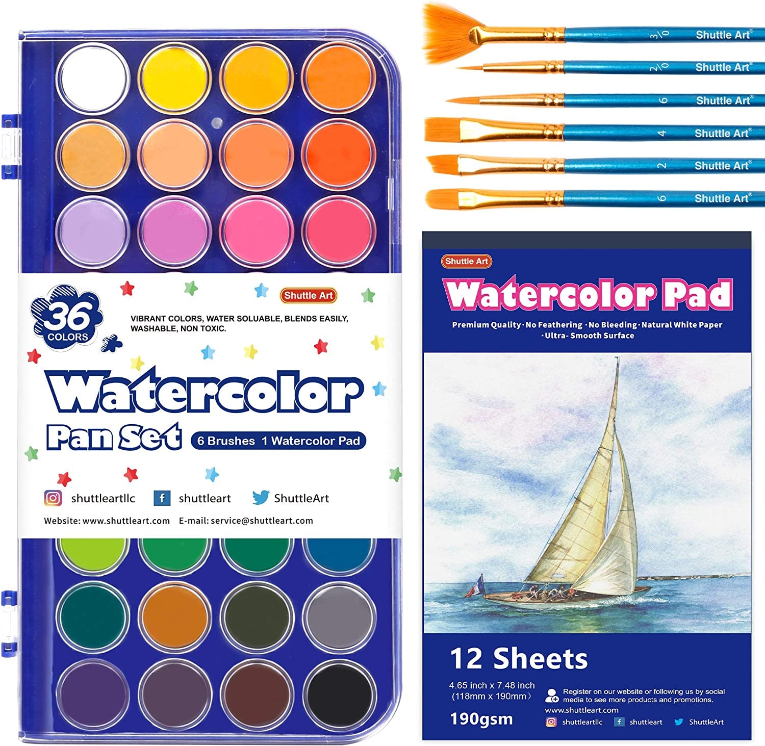 43 Pack Watercolor Paint Set, 36 Colors Watercolor Paint Pan Set with 6 Brushes and 1 Watercolor Pad for Beginners, Artists, Kids & Adults Watercolor Painting, Bullet Journal, Calligraphy