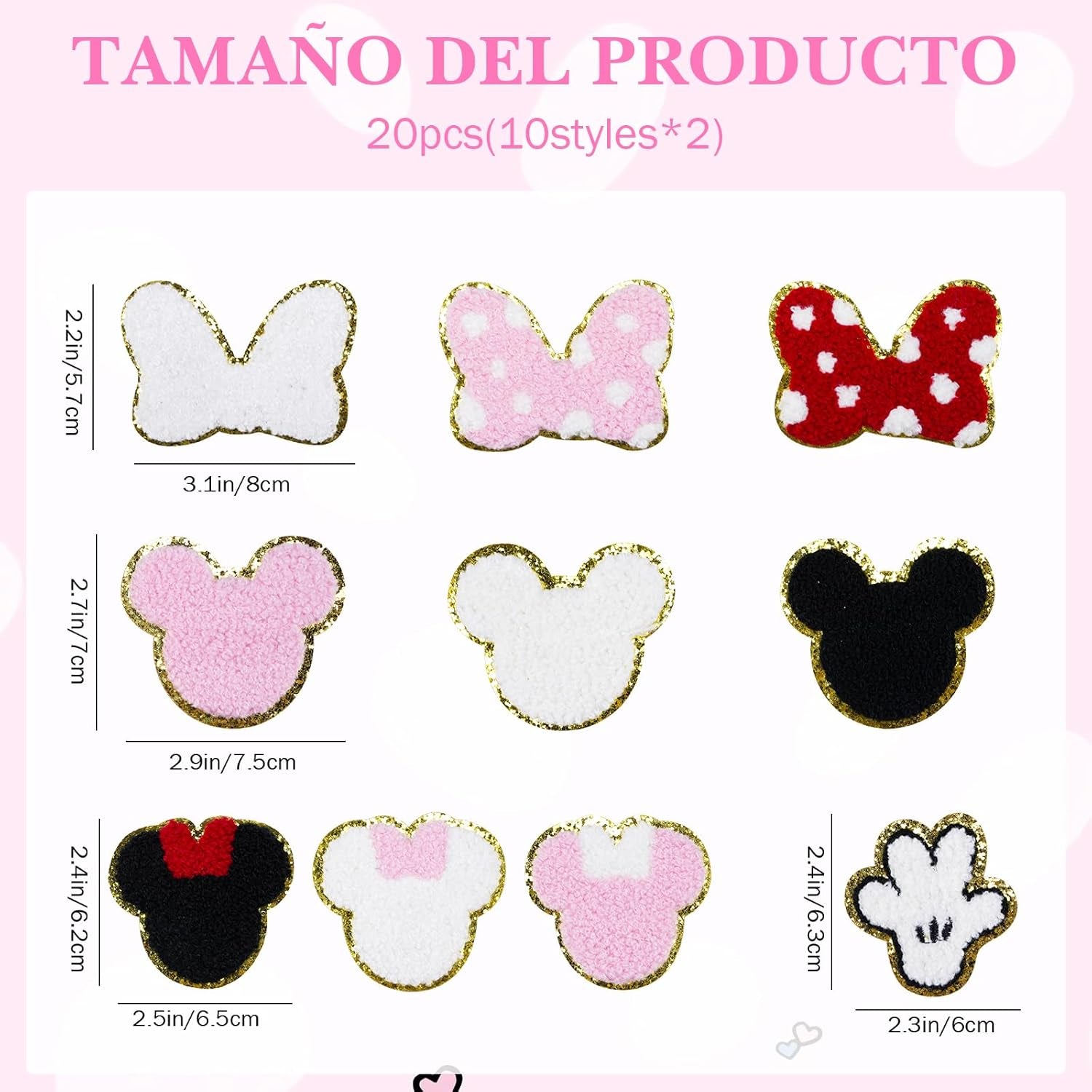 20Pcs Minnie Themed Patch, Pink Mouse Chenille Patches Gold Edges Bowknot Iron on Patch for Bags Hat DIY Clothing Repair