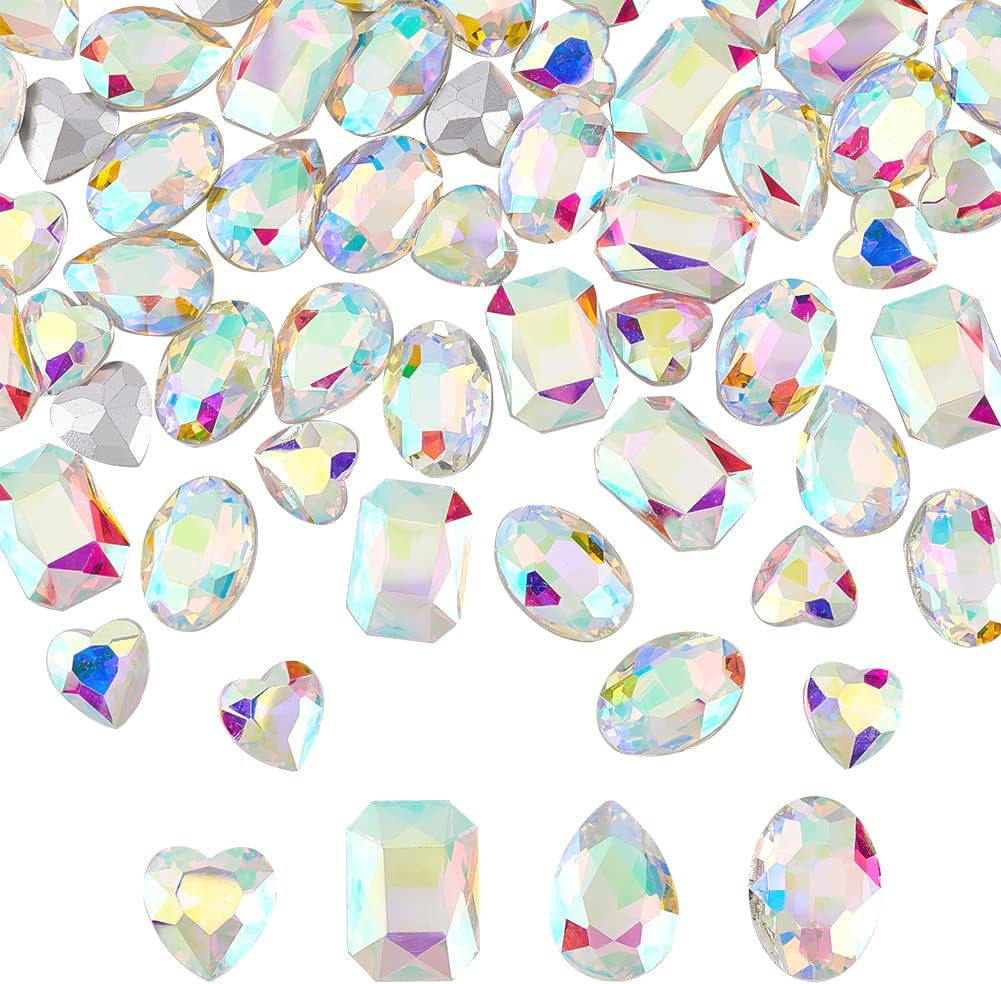 64 Pcs 4 Shapes Pointed Back Rhinestone Glass Rhinestones Gems AB Color Rectangle/Teardrop/Heart/Oval Jewels Embelishments with Silver Plated Back Crystals Rhinestones for Jewelry Making