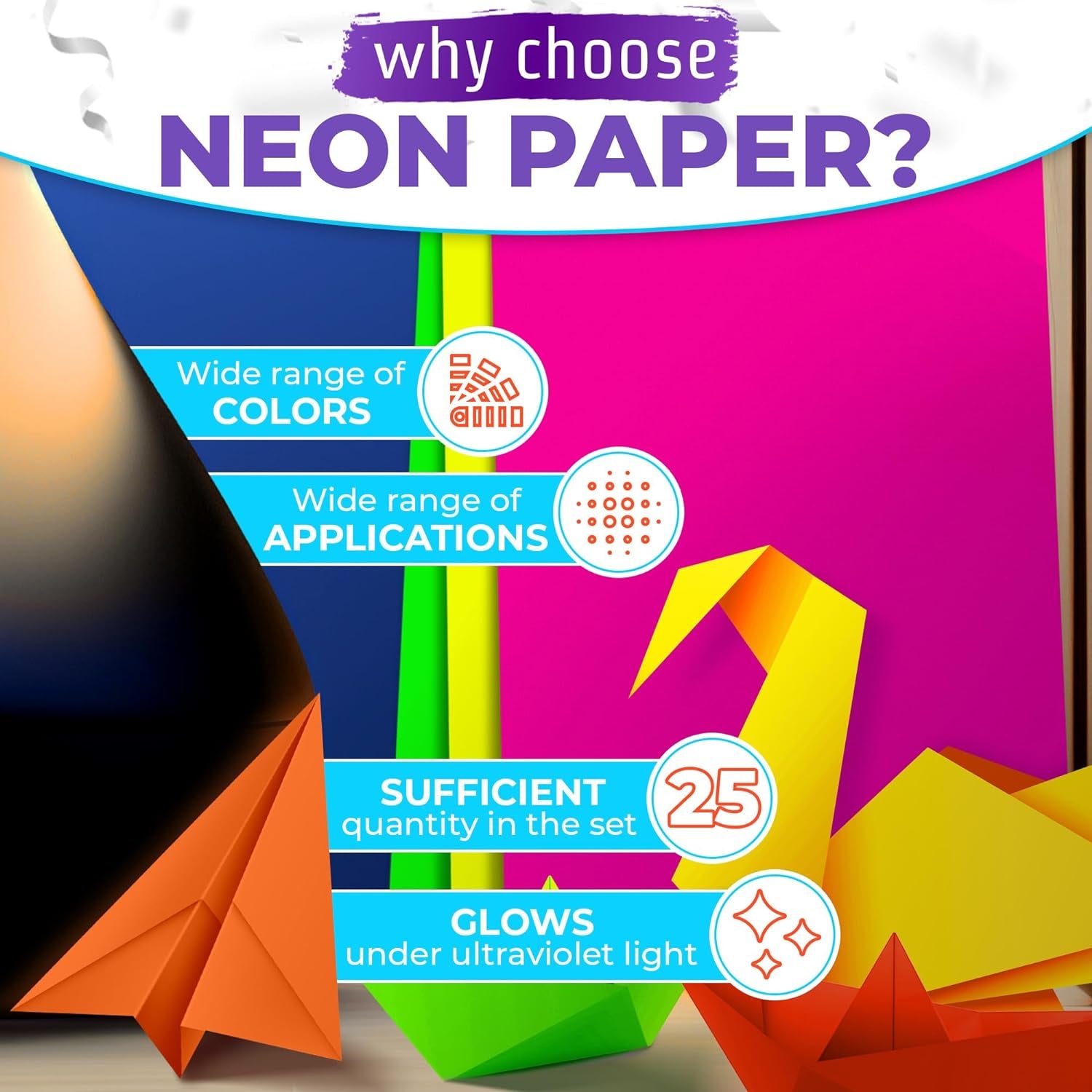 25 Sheets Neon Paper - Glow in the Dark Papers Neon Cardstock DIY Dance Floor Fluorescent Black Light UV Reactive - Neon Party Decorations Cardstock Colored Paper Neon Birthday Party Sheets 5 Colors