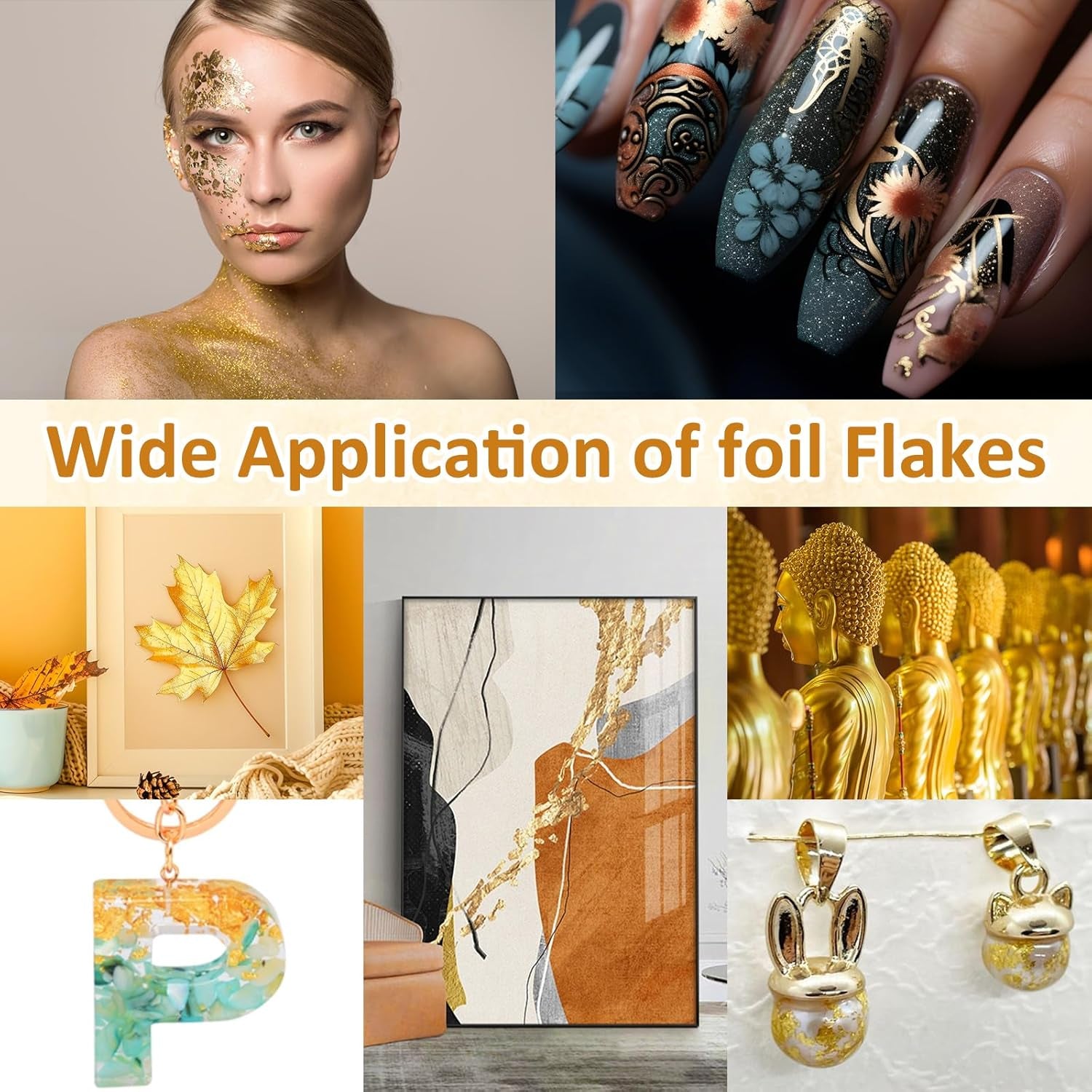Gold Foil Flakes for Resin -15G, Jewelry Making, Imitation Gold Foil Flakes Metallic Leaf for Nails, Painting, Crafts, Slime and Resin Jewelry Making (Gold, Silver, Copper Colors)