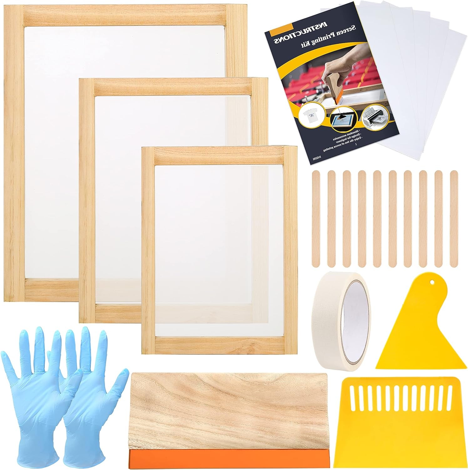 24 Pieces Screen Printing Starter Kit Include 3 Different Size of Wood Silk Screen Printing Frame with Mesh, Screen Printing Squeegees, Scraper, Inkjet Transparency Film, Gloves, and Mask Tape