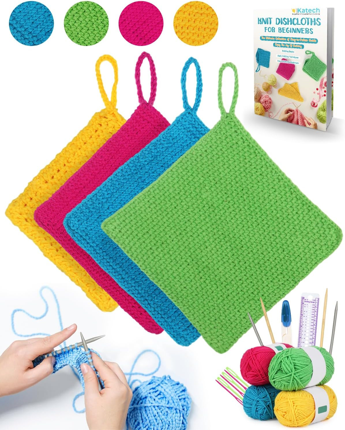Knitting Kit for Beginners-Learn to Knit Dishcloth-Beginner Knitting Kit for Adults Kids with Knitting Book, Knitting Needles,Beginner Yarn, Yarn Needle, Craft Kits Gift (Beginner to Expert)