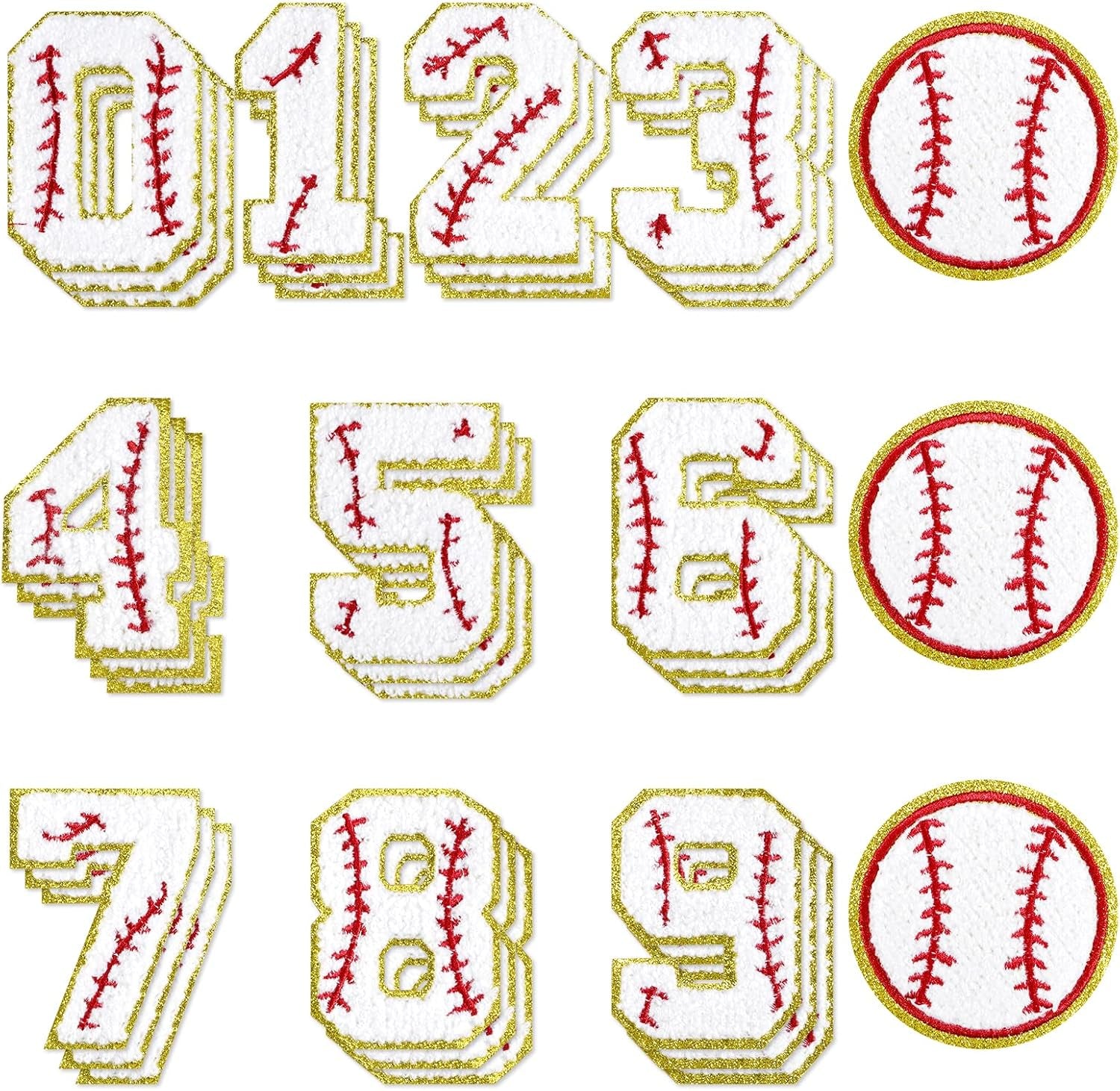 33Pcs Baseball Themed Chenille Number Patch, 2.95 Inch Gold Edges Iron on Baseball Patches for Bags Hat DIY Clothing Repair (Baseball)