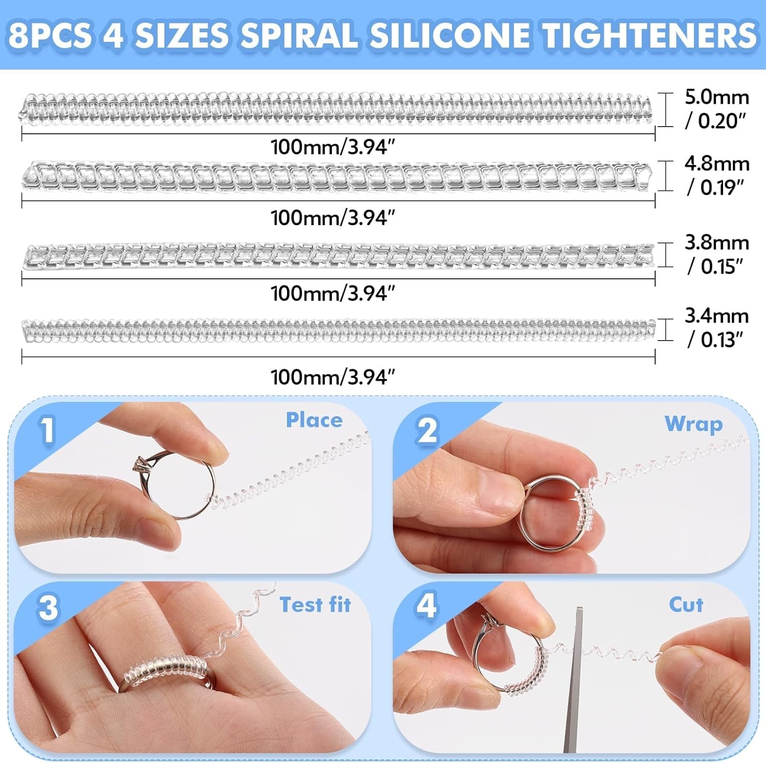 Ring Size Adjuster for Loose Rings- 110 Pcs Ring Size Adjusters Set Includes 8 Plug-In Invisible Ring Adjuster, 8 Spiral Silicone Tightener, EVA Invisible Sticker,Ring Size Measuring Tool
