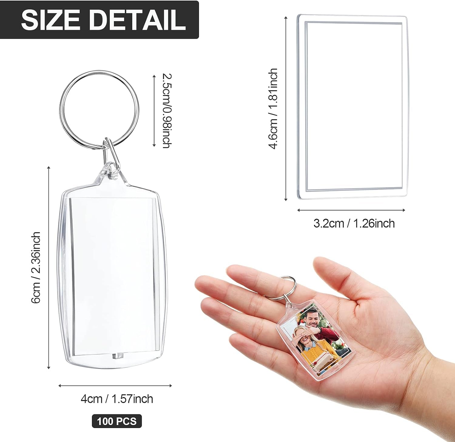 100 Pieces Clear Acrylic Photo Frame Keychain Photo Insert Keyrings Blank Rectangle DIY Keychain Picture Frame Keyring with Split Ring Suit for 1.3 X 1.8 Inches Photos