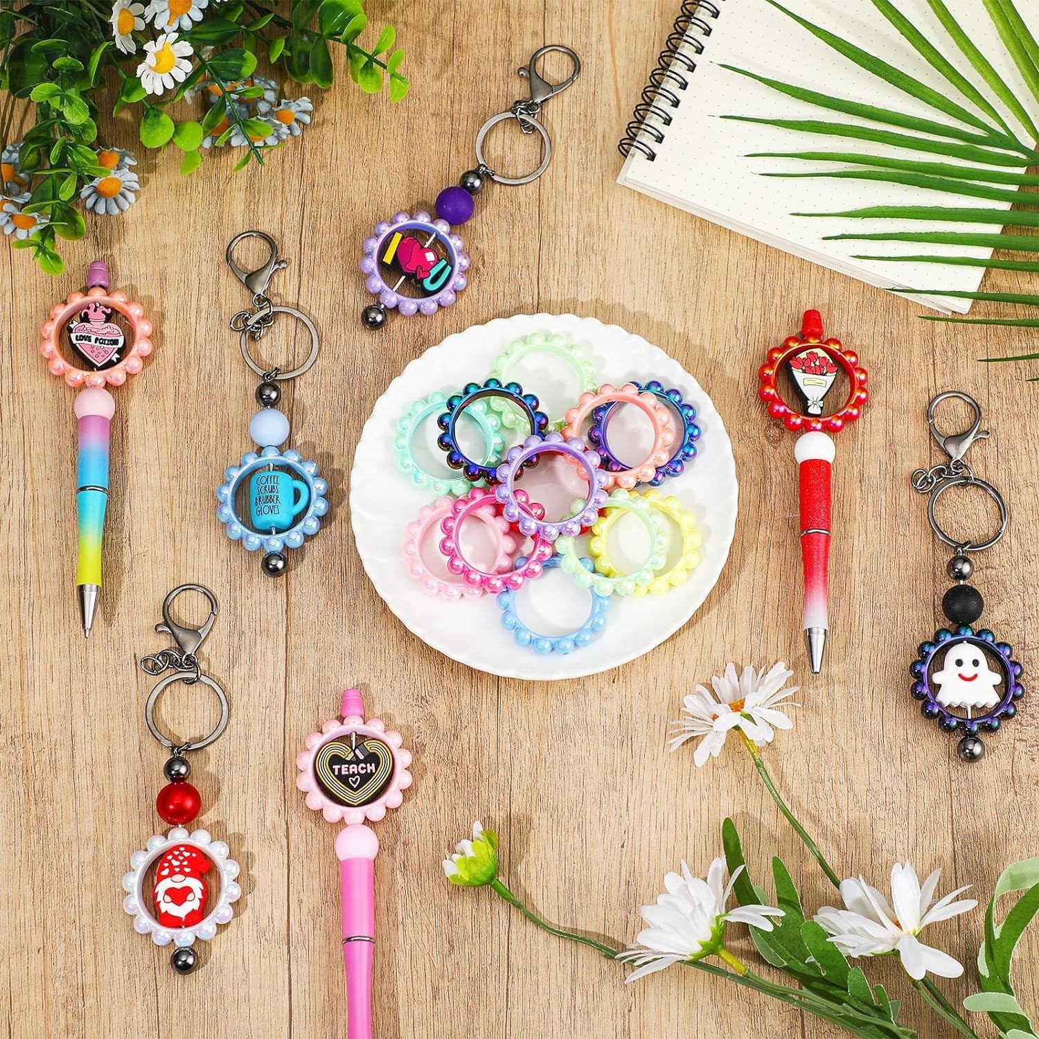 24 Pcs 42 Mm Acrylic Focal Frame Circle Loop with 2 Holes for DIY Beaded Pen Keychain Focal Bead Loop for Pen Jewelry Making Bracelet Car Necklace Craft Hanging (Stylish Colors,Round)