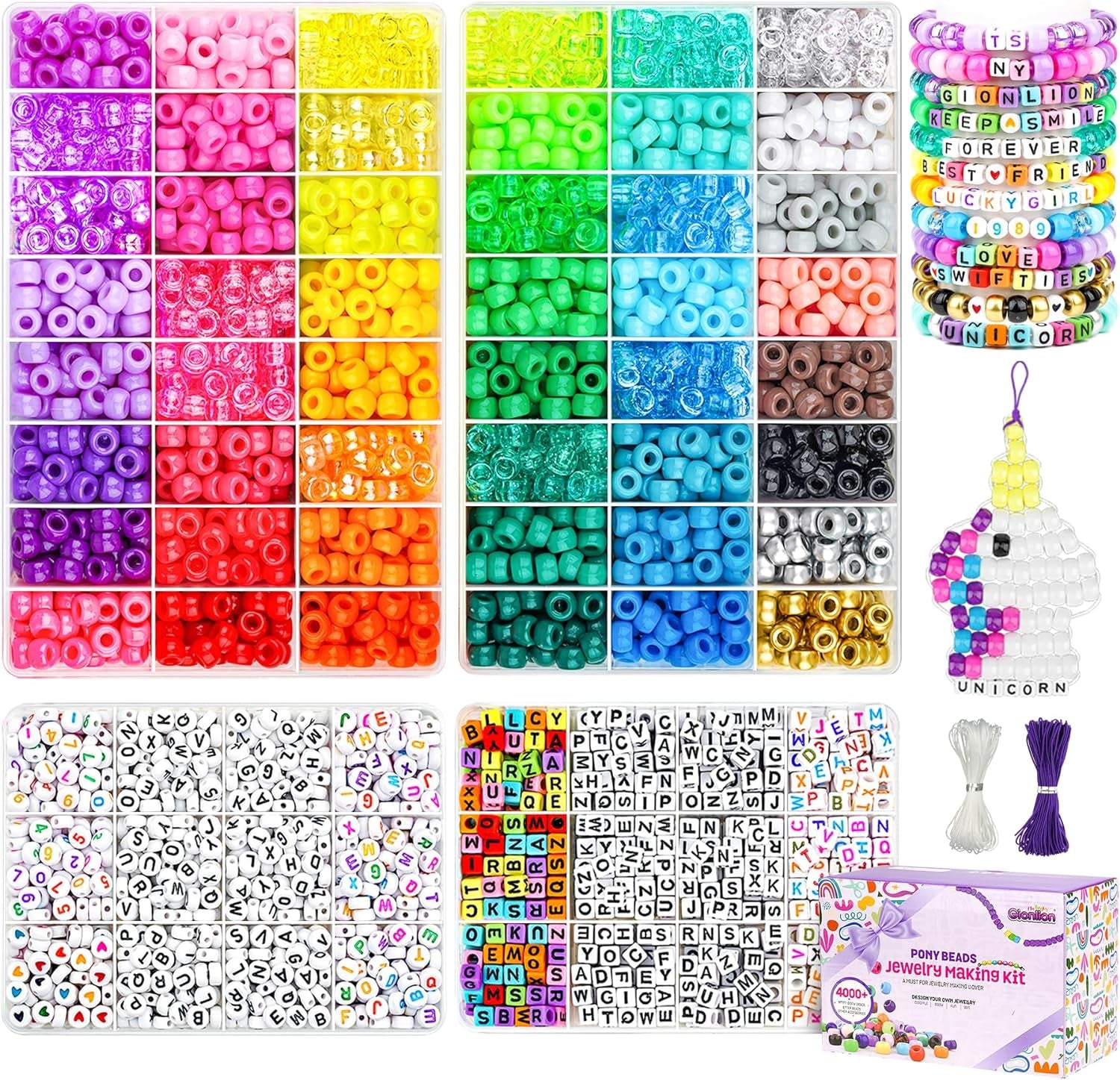 4200Pcs Pony Beads for Bracelet Making Kit, 48 Colors Halloween Bracelet Making Kit, 2500Pcs Rainbow Kandi, 1700Pcs Friendship Letter Beads with 20 Meter Elastic Strings for Jewelry Making