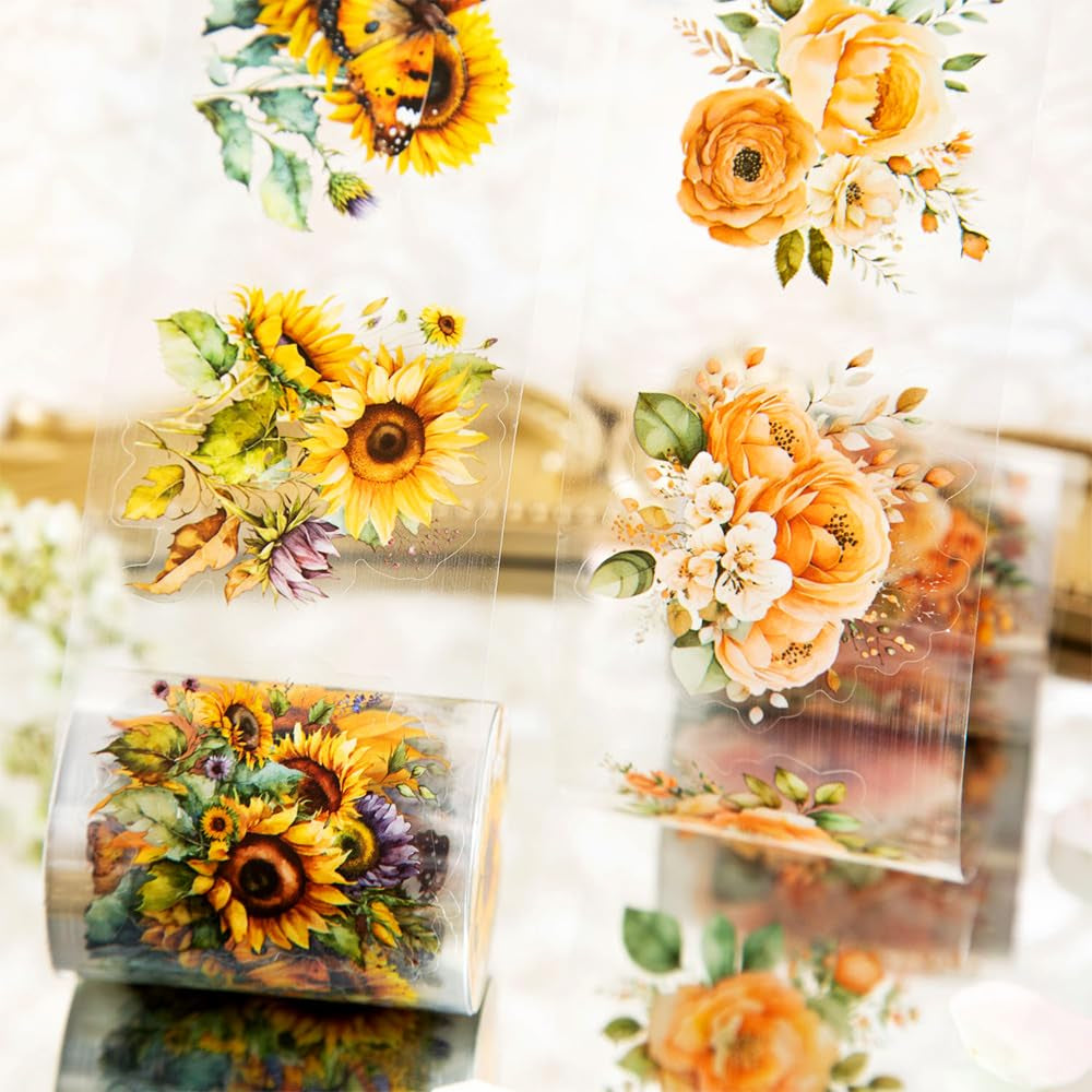 8Rolls Floral Washi Tape Set Flower Washi Tape Stickers Sunflower Rose Hydrangea Butterfly Decorative Masking Tape Vintage Washi Tapes Pet Tape Decorative Tape for Crafts Journaling Scrapbook Supplies