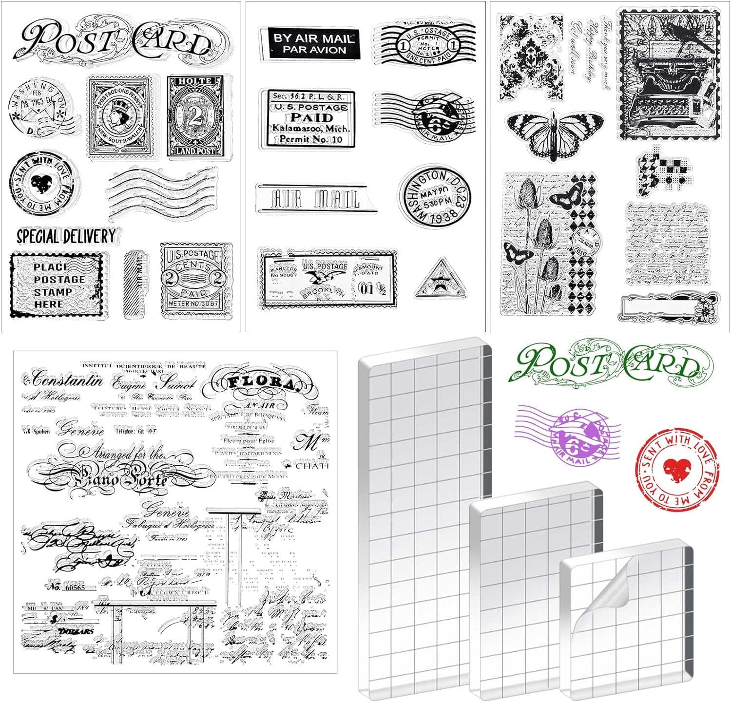 7 Pcs Vintage Rubber Clear Stamps Set 4 Sheet Transparent Postage Silicone Stamps 3 Pcs Acrylic Stamp Block Tools with Grid Lines Rubber Stamps Craft Supplies for DIY Scrapbooking Journaling
