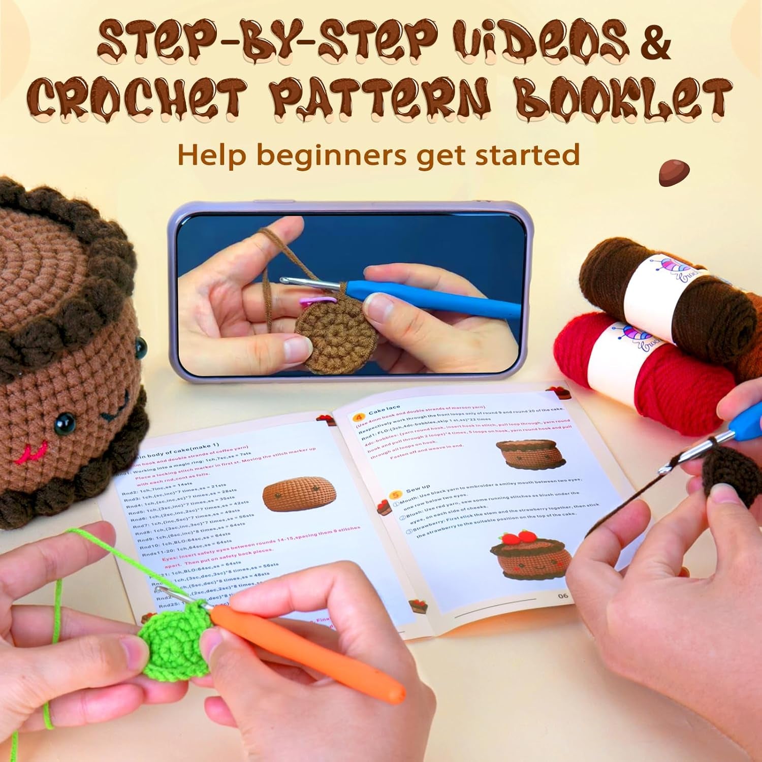 Crochet Kit for Beginners, Crochet Starter Kit with Step-By-Step Video Tutorials, Crochet DIY Knitting Supplies for Adults Kids, Chocolate Strawberry Cake(40%+ Yarn)