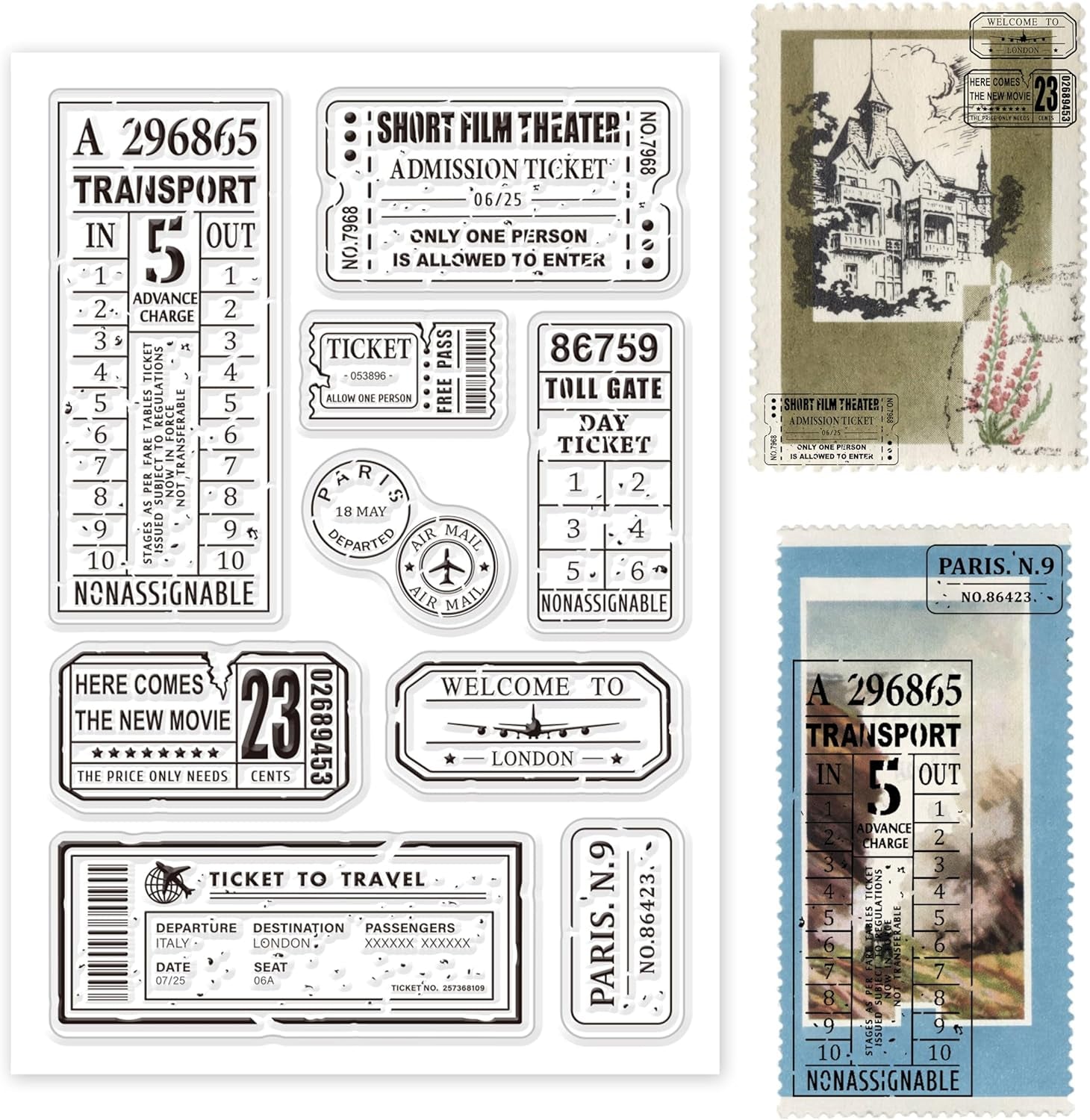 Retro Air Travel and Movie Ticket Silicone Clear Stamps Transparent Stamps for Christmas Birthday Valentine&#39;S Day Cards Making DIY Scrapbooking Photo Album Decoration Paper Craft