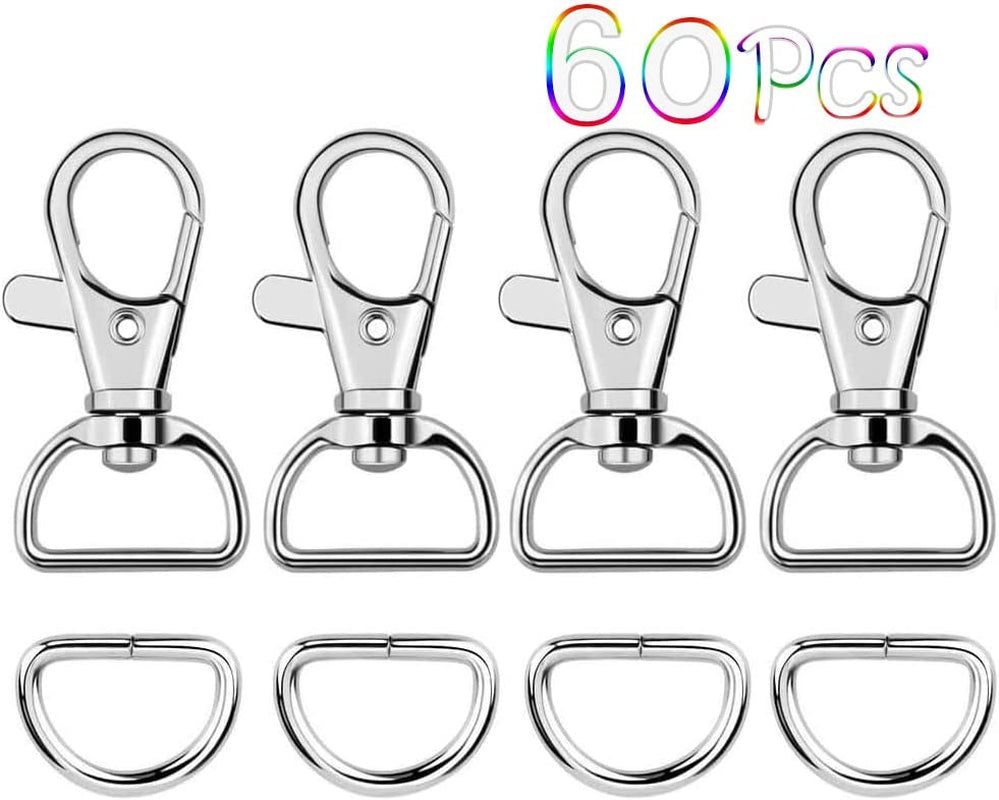 60Pcs Swivel Snap Hooks and D Rings for Lanyard and Sewing Projects (1” inside Width)