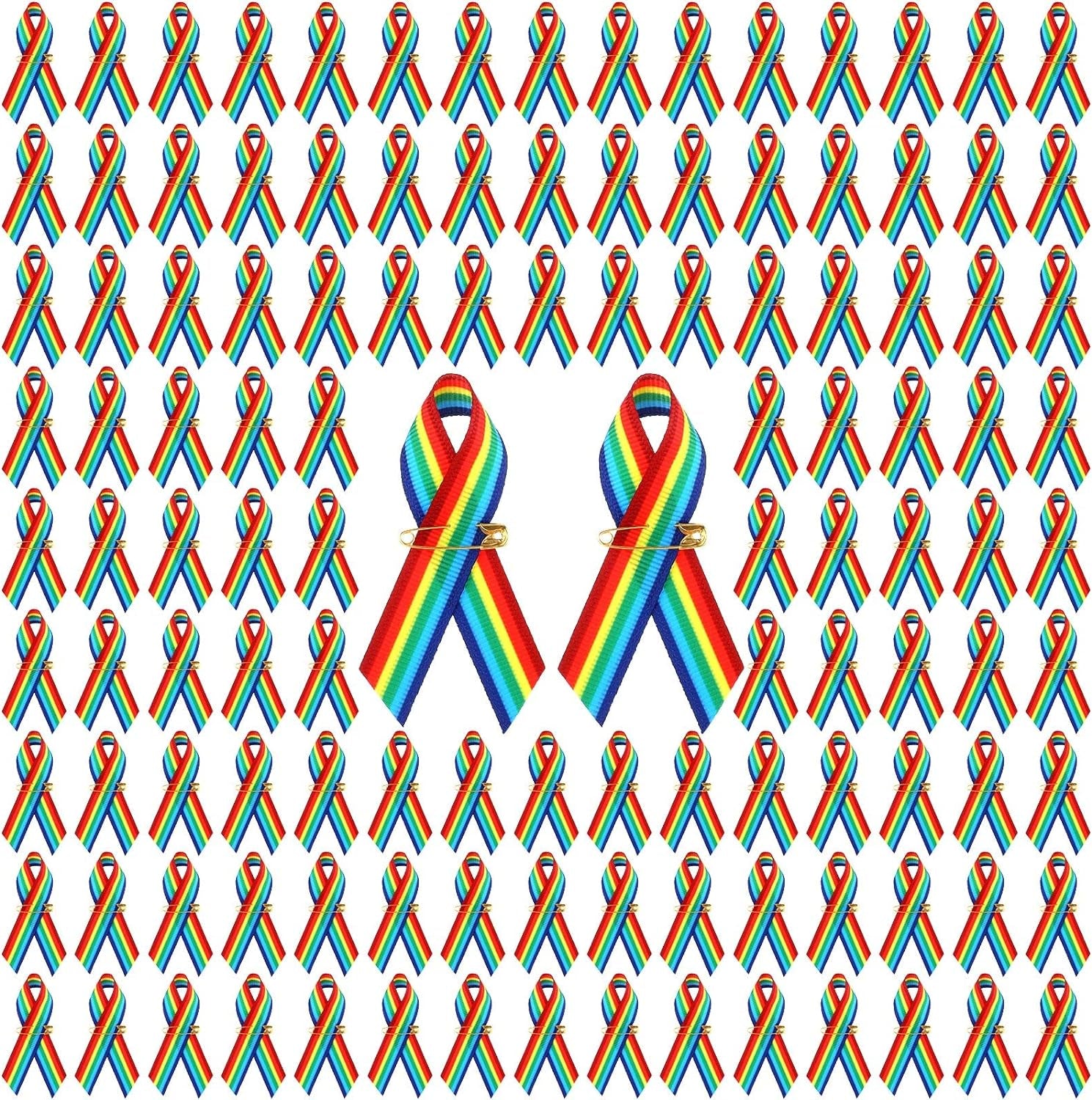 Ribbon Rainbow Pins Gay Pride Ribbon with Safety Pins Bulk, Satin LGBTQ Pins for Pride Parades, Gay Pride Satin Pins for Women Men Clothes Bag Decoration, 6.3 X 0.5 Inch (250 Pieces)