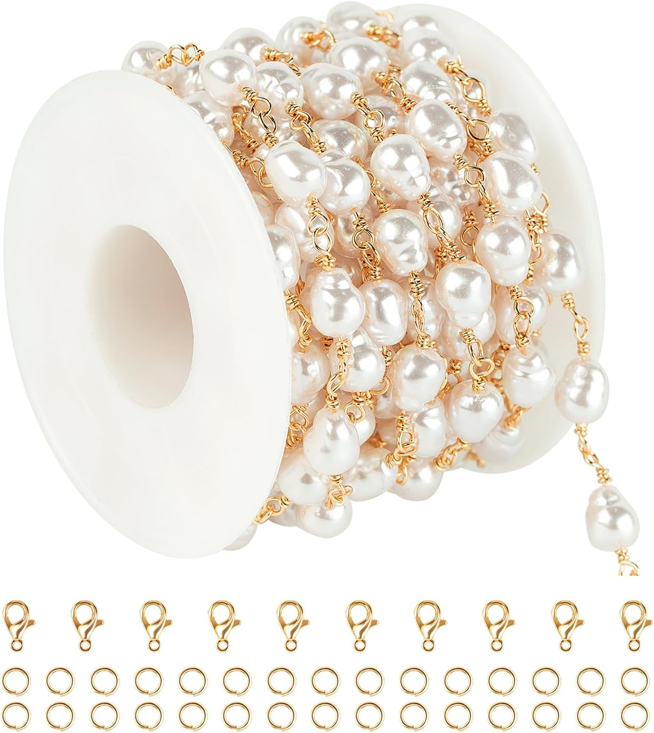 13 Feet Imitation Pearl Bead Chain Bulk KC Gold Plated Brass Jewelry Chain for Jewelry Making Necklace Bracelet DIY Handmade Craft Chain Roll