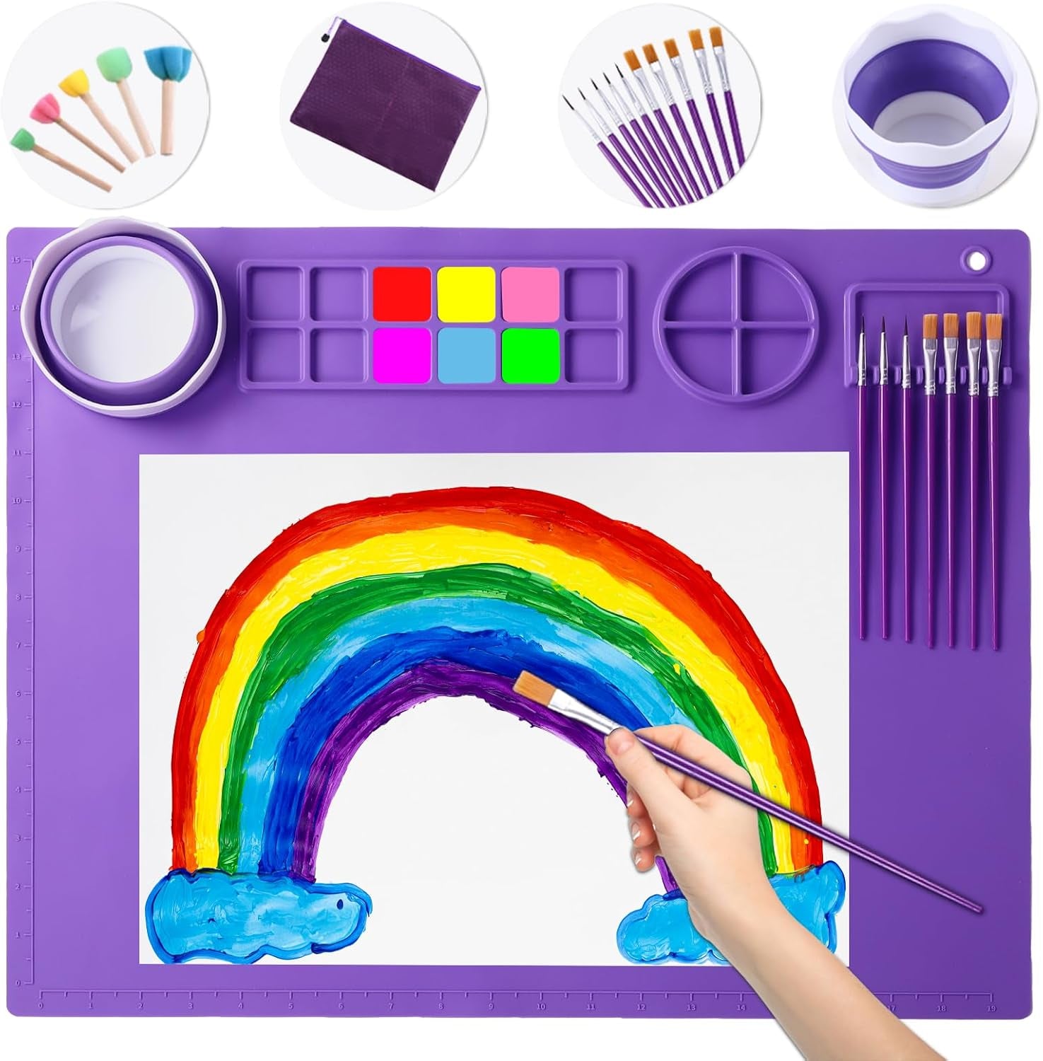 Silicone Craft Mat 20X16 Inch Large Silicone Art Mat with Detachable Cup Painting Mat with 10 Painting Brushes Silicone Drawing Mat Sheets for Kids Adult DIY Accessories (Blue)