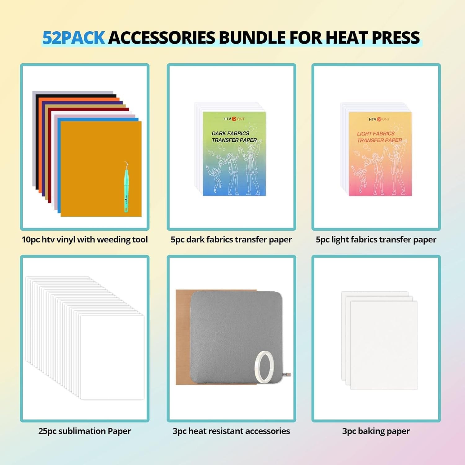 Auto Heat Press Accessories - 52 Pcs Heat Press Supplies for Auto Heat Press Machine, All-In-One Heat Press Starter Kit for Cricut Easy Press, Include Heat Transfer Material &amp; Tools