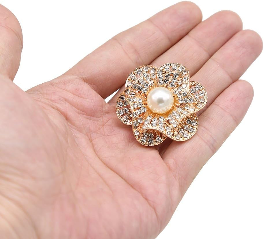 Lot 9Pcs Rose Gold-Tone Rhinestone Brooches, Big Pearl Crystal Wedding Bouquet Kit Set