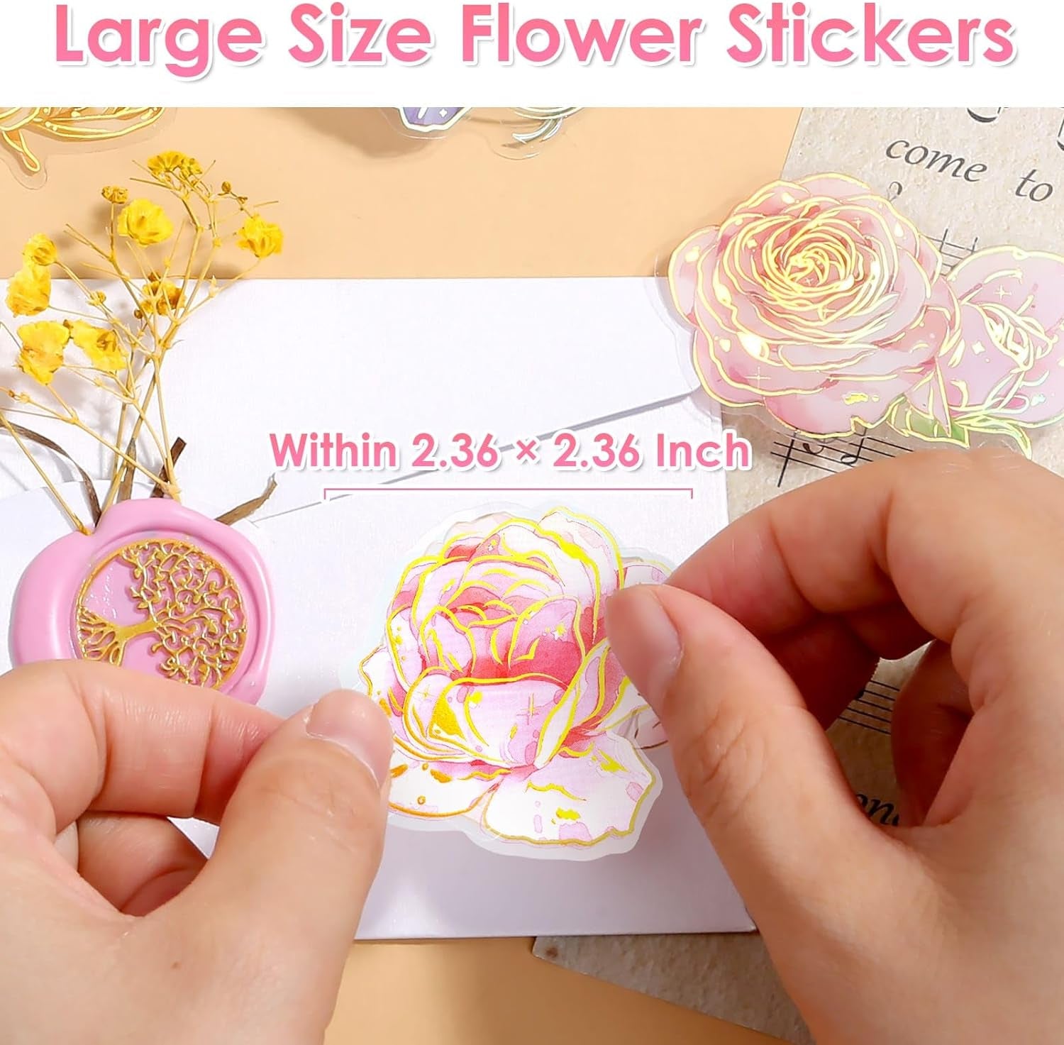 180Pcs Large Flower Stickers with Gold Foil Holographic Outlines, Waterproof Floral Stickers Vinyl Decorative Decals for Scrapbooking Supplies Junk Bullet Journals Envelopes Resin Crafts