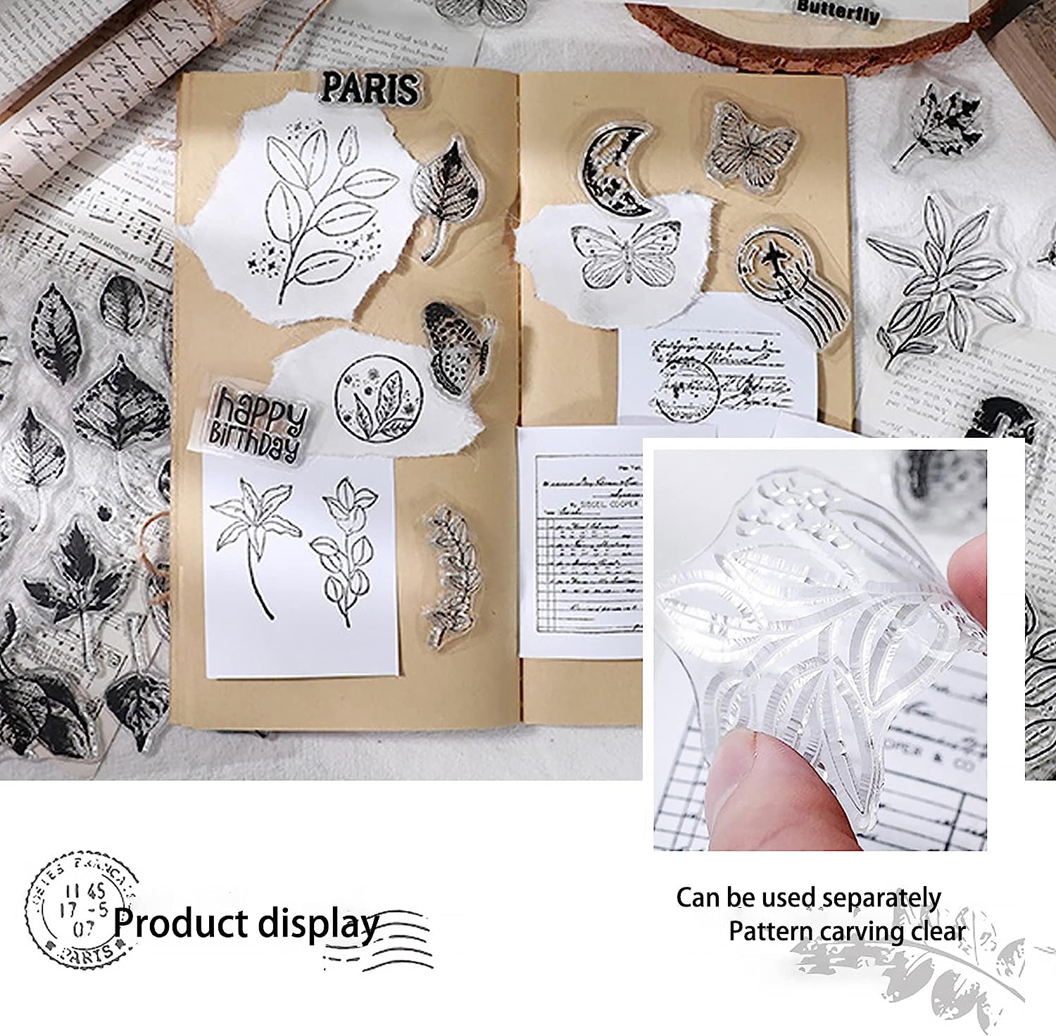 6 Sheets Clear Stamp Silicone Stamp Cards with Greeting Words, Flowers, Leaves, Butterflies, and Moons Pattern for Thanksgiving Christmas Holiday Card Making and DIY Scrapbooking Journaling
