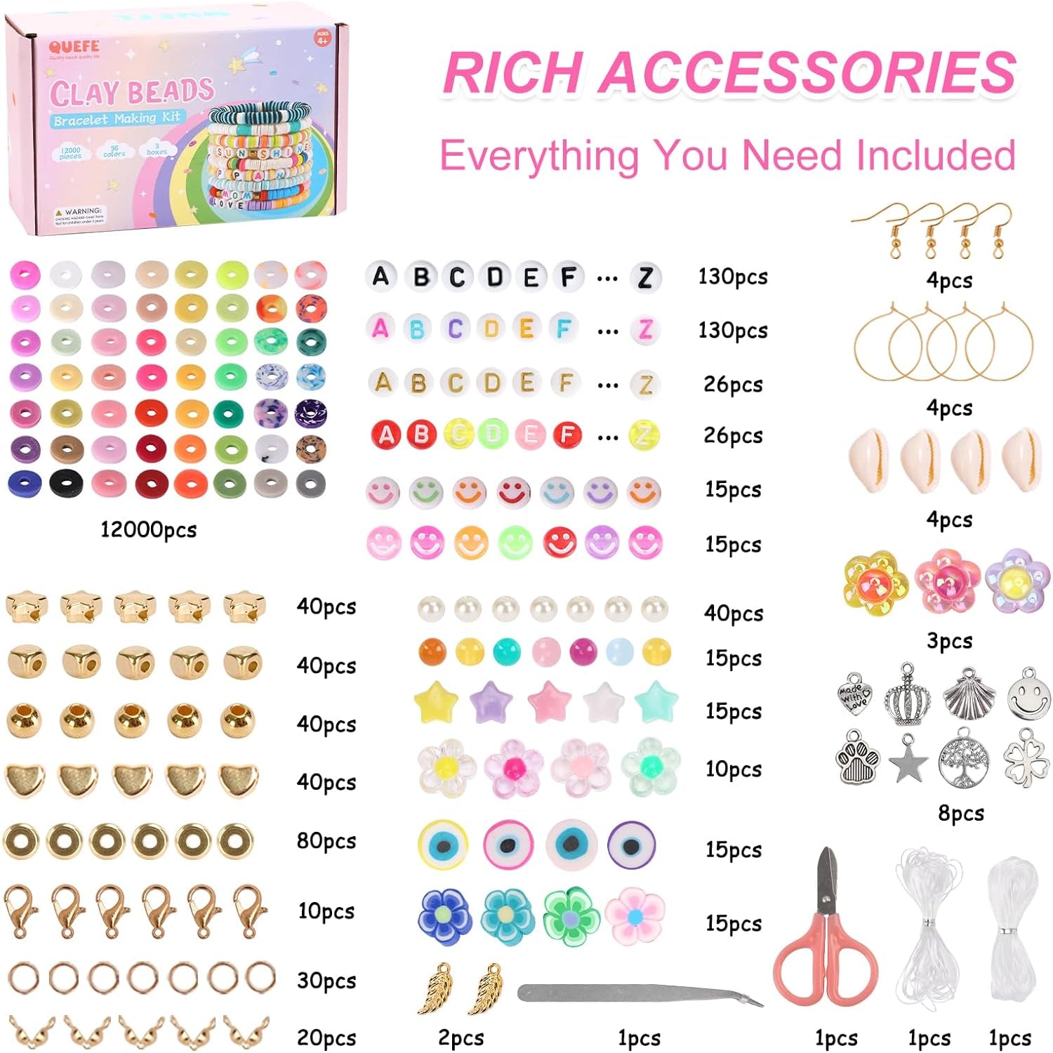 12000Pcs Clay Beads for Bracelet Making, 56 Colors Flat round Polymer Clay Beads Spacer Heishi Beads for Jewelry Making with Trendy Beads, Pendant Charms Kit, Letter Beads and Elastic Strings