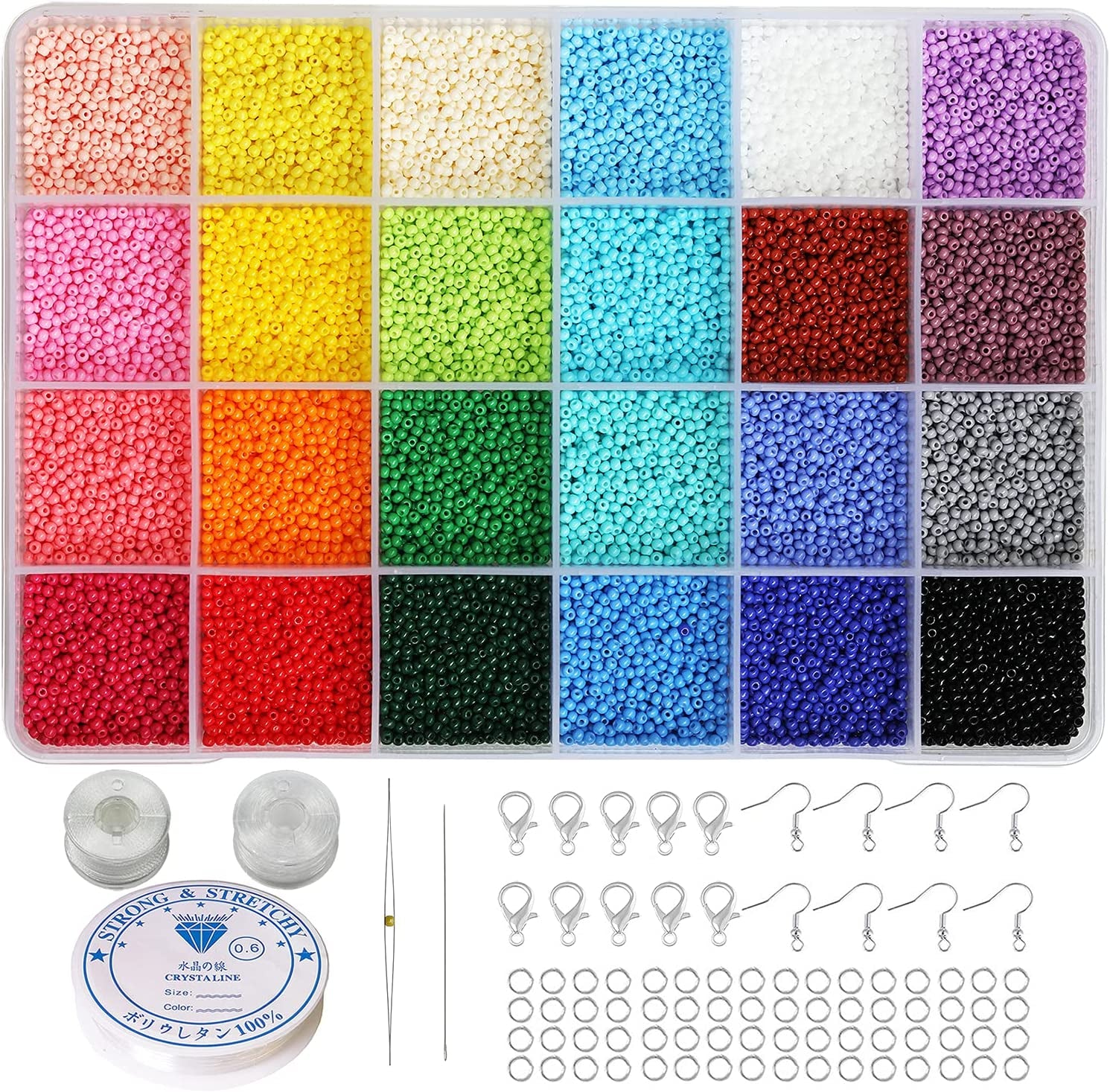 2Mm round 12/0 Size Almost Uniform Seed Beads with Beading Tool, about 18000Pcs in Box 24 Multicolors Assortment Small Craft Seed Beads for Earring Making