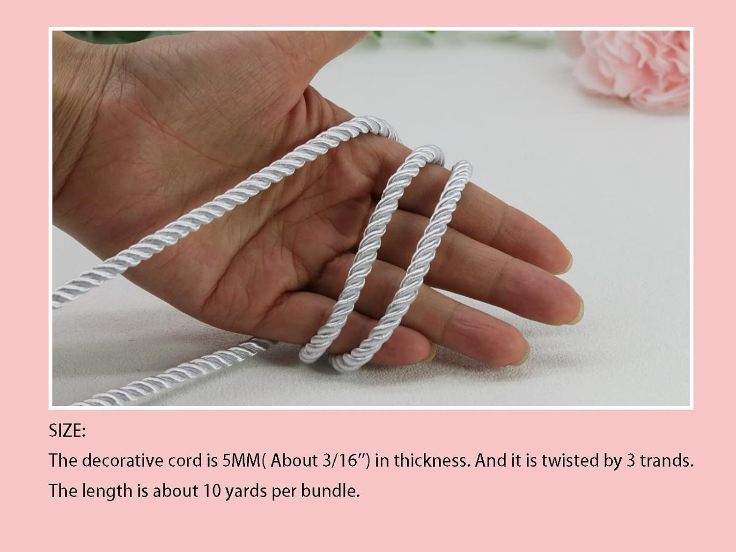 U Pick 10Yds 5Mm 3 Braided Cord Decorative Twisted Satin Polyester Twine Cord Rope String Thread Shiny Cord Choker Thread (18 White)