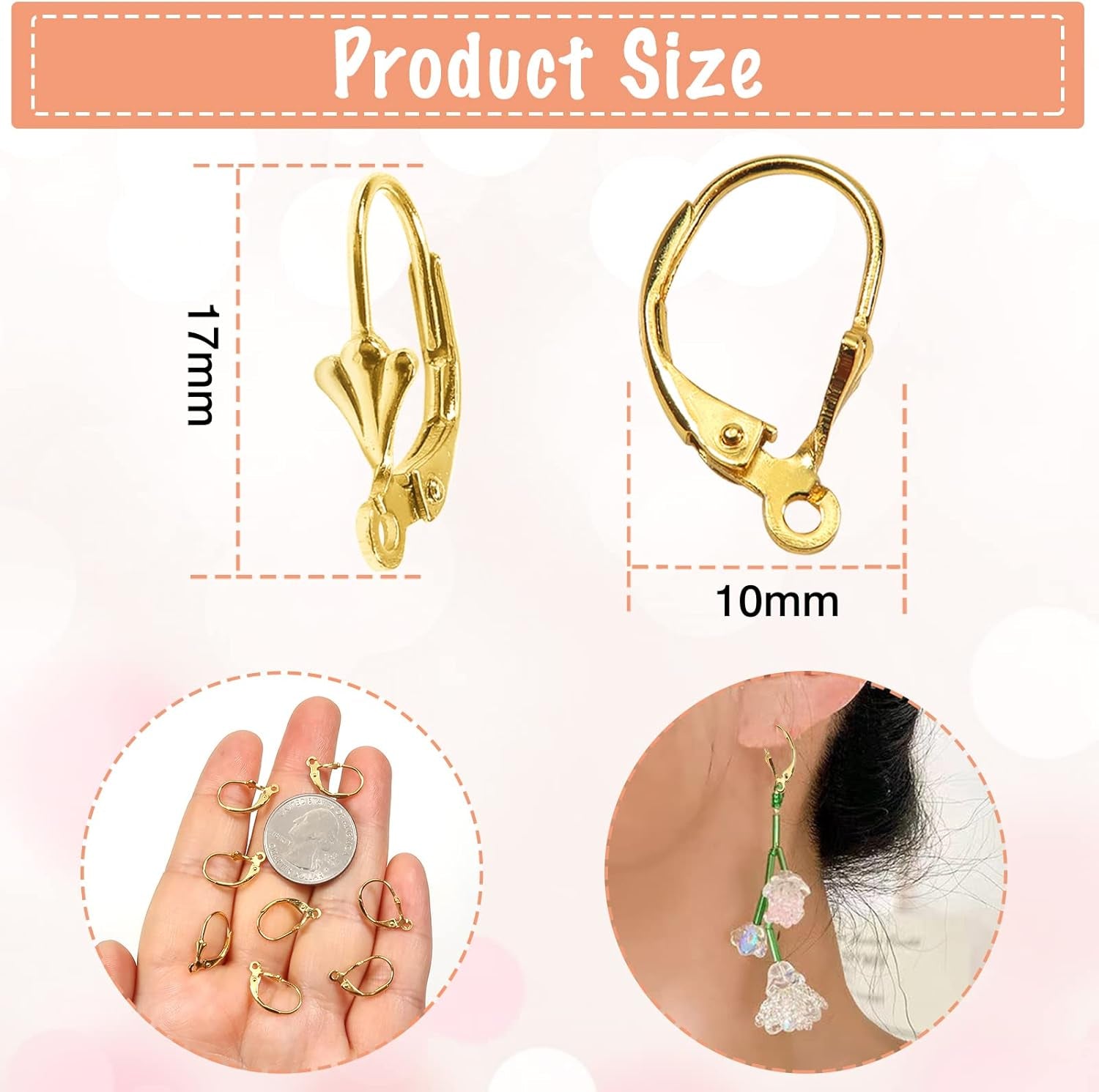 8Pcs 925 Sterling Silver Leverback French Earring Hooks with Open Loop 10X17Mm Hypo Allergenic Gold Dangle Ear Wire Findings for Jewelry Making