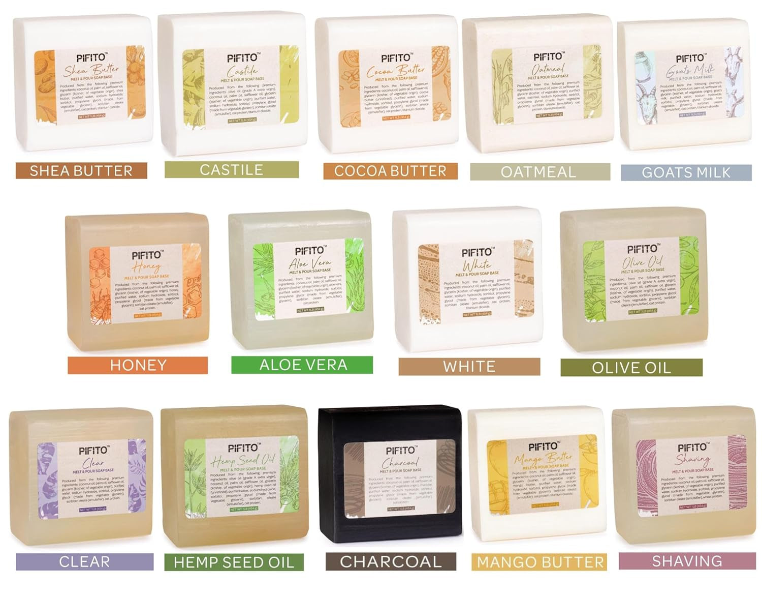 Melt and Pour Soap Base Sampler (7 Lbs) │ Assortment of 7 Bases (1Lb Ea) │ Clear, White, Goats Milk, Shea Butter, Oatmeal, Honey, Olive Oil │ Glycerin Soap Making Supplies