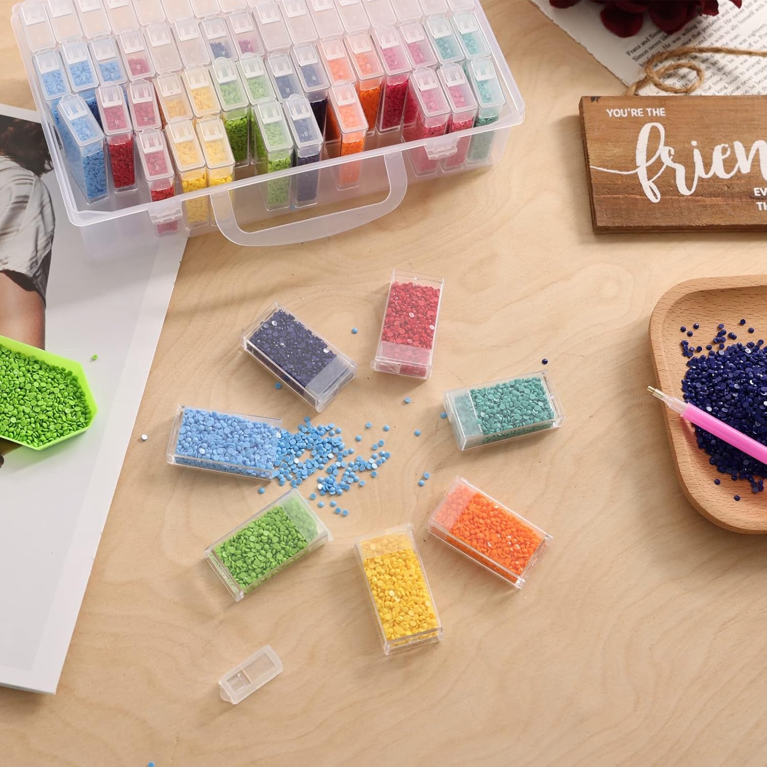 3Pcs 64 Grids Diamond Painting Storage Containers 5D Beads Organizer with Diamond Painting Accessories Stickers for Bead Storage Diamonds DIY Art Craft Storage