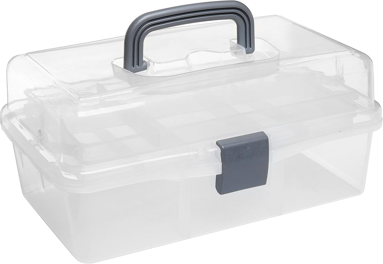 13 Inch Transparent Plastic Empty Multipurpose Storage Box with Gray Handle, Latching Lid and 2 Expandable Trays for Tools, First Aid, Sewing Kit, Arts Crafts Supplies