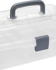 13 Inch Transparent Plastic Empty Multipurpose Storage Box with Gray Handle, Latching Lid and 2 Expandable Trays for Tools, First Aid, Sewing Kit, Arts Crafts Supplies