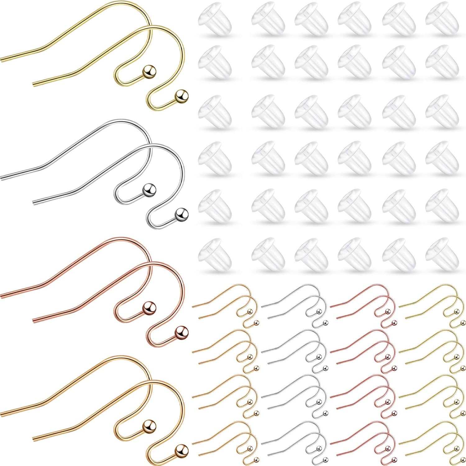 220 Pieces French Earring Hooks Ear Wire Ball Dots in Silver with 220 Pieces Clear Earring Backs Kit for Jewelry Making Bag Gift (Gold,Silver,Rose Gold,Bronze)