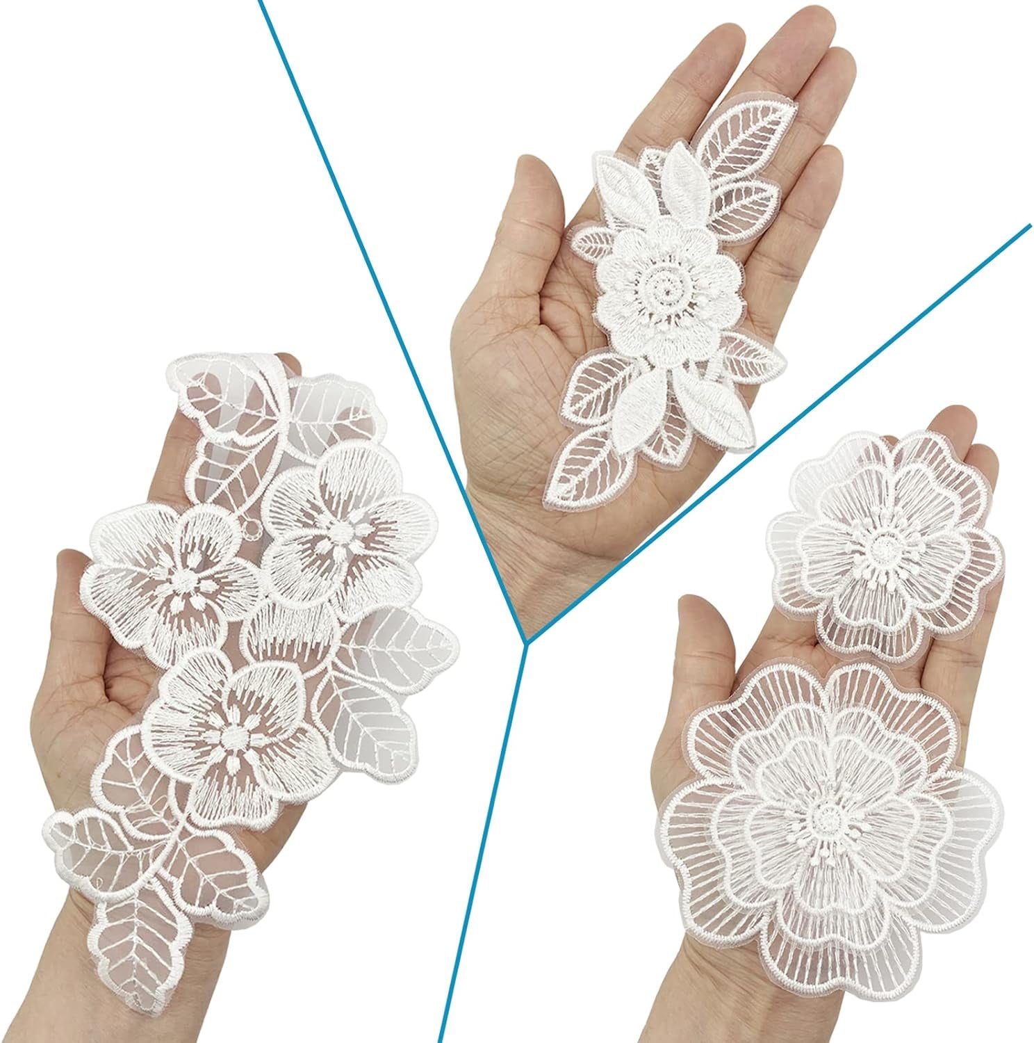 12 Pieces Flower Lace Embroidered Applique 3D Floral Sew on Patches for Clothes Repairing Decorating Wedding Dress DIY Sewing Craft (White)
