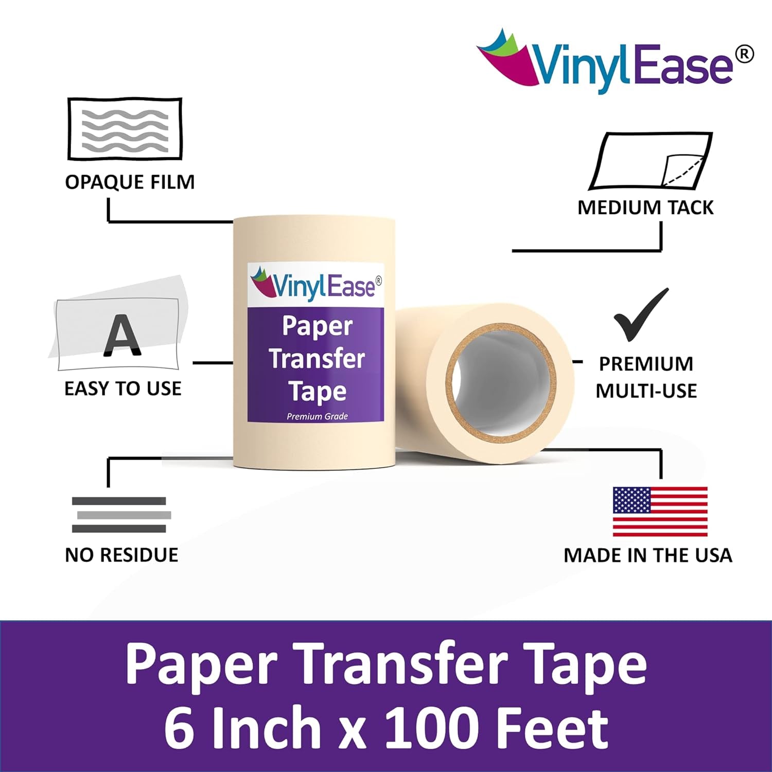 6 Inch X 100 Feet Roll of Paper Transfer Tape with a Medium to High Tack Layflat Adhesive. Works with a Variety of Vinyl. Great for Decals, Signs, Wall Words and More. American Made V0820