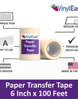 6 Inch X 100 Feet Roll of Paper Transfer Tape with a Medium to High Tack Layflat Adhesive. Works with a Variety of Vinyl. Great for Decals, Signs, Wall Words and More. American Made V0820