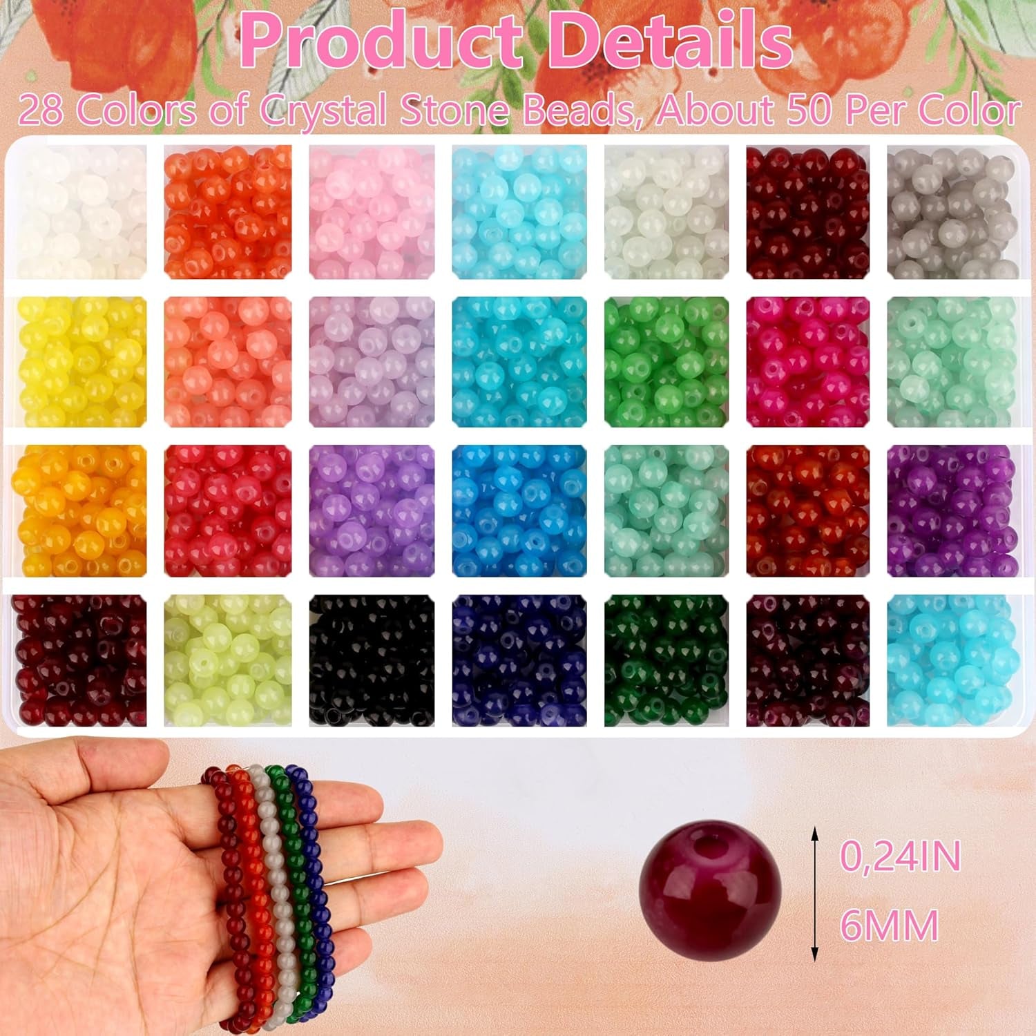 1400Pcs Glass Beads for Bracelets - DIY Bracelet Making Kit with 28 Colors, 6Mm round Beads - Stunning Crystal Beads - Glass Bead Kit for Jewelry Making
