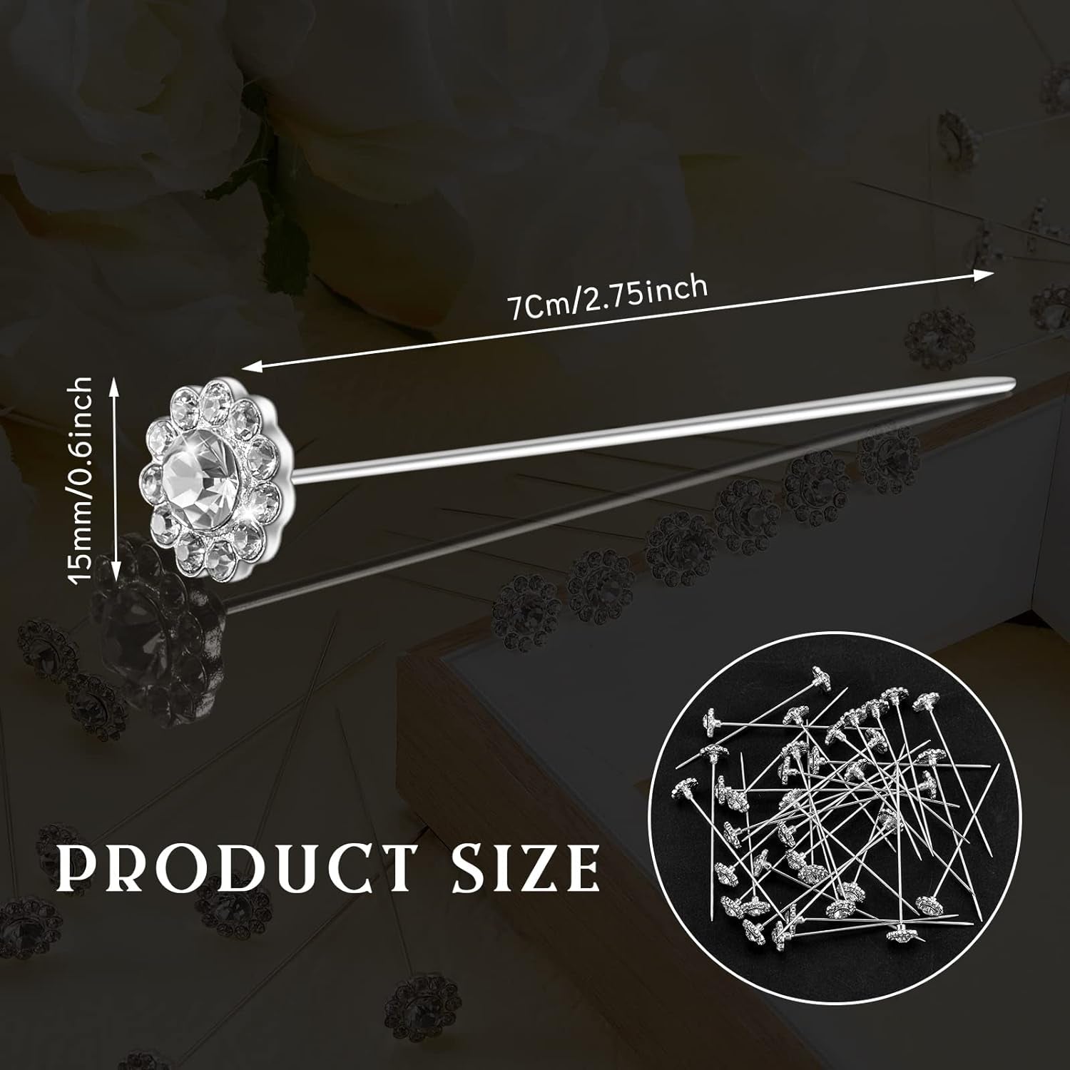 36 Pack Bouquet Pins Flower Pin round Diamond Crystal Floral Pins Rhinestone Wedding Corsages Pins Diamond Head Straight Pin for Wedding Bridal Jewelry Decoration (Glitter Style)