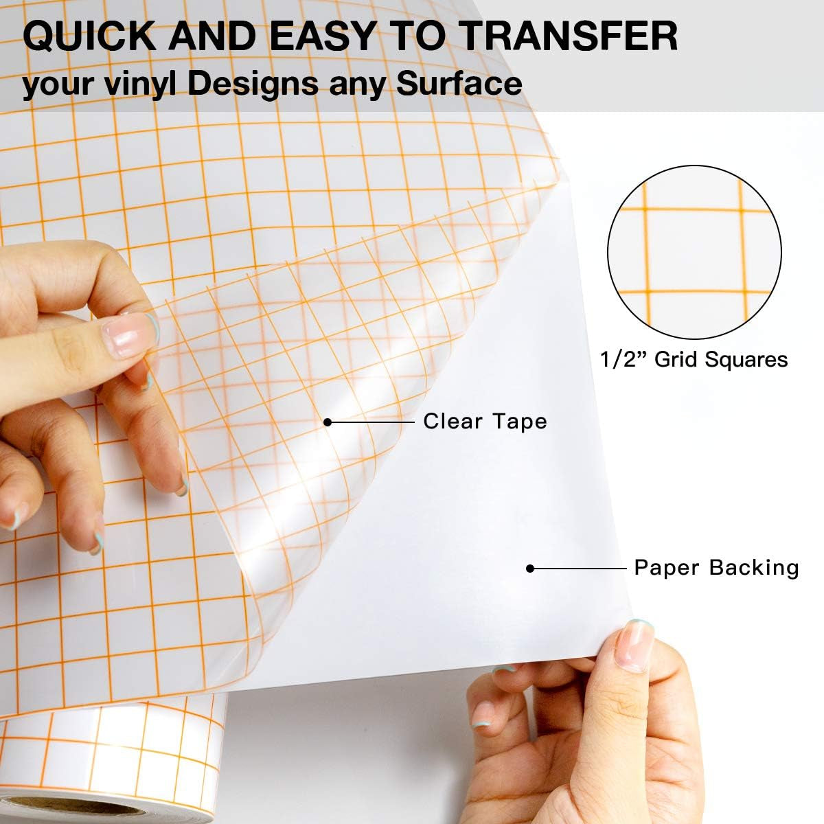 Transfer Tape for Vinyl - 12" X 70 FT W/Orange Alignment Grid for Adhesive Vinyl - Medium Tack Vinyl Transfer Tape for Cricut, Silhouette Cameo, Decals, Signs, Windows and Stickers