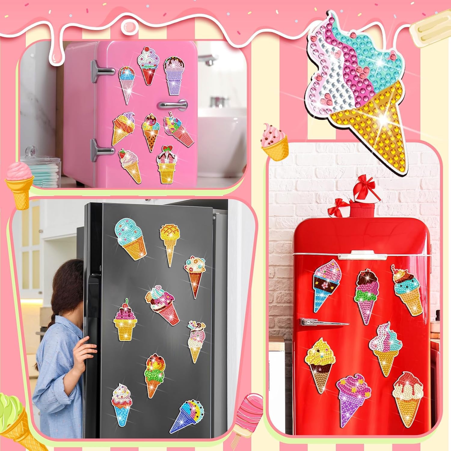 30 Pcs Ice Cream Diamond Painting Magnets, Glitter Magnet Diamond Painting Kits Diamond Painting Stickers Fridge 5D Diamond Art Magnets Crafts Home Decoration Gift