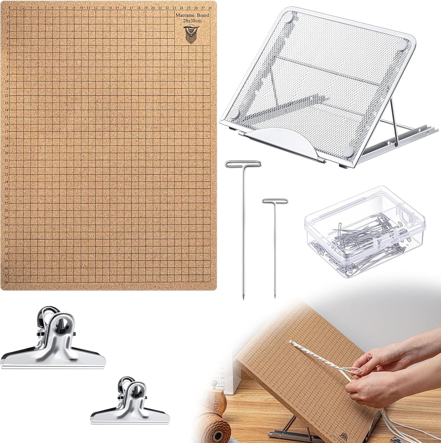 104 Pcs 12X16 Inch Macrame Board and Metal Adjustable Holder with T Pins Clips Macrame Supplies Double Sided Grids Macrame Project Board Macrame Tools for Braiding Cording Bracelet Creating