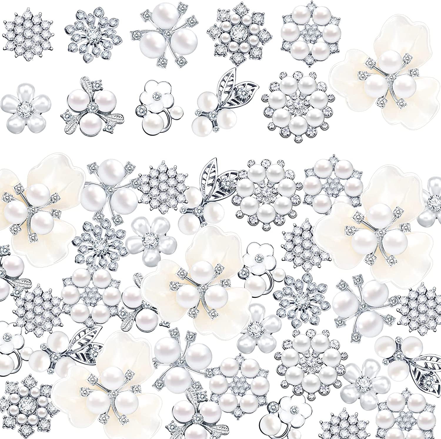 66 Pieces Craft Pearl Crystal Rhinestone Buttons Flower Faux Pearl Bouquet Embellishments for Crafting Flat Back Decorative Button DIY Jewelry Making Supplies Wedding Bouquet Jewelry (Silver)